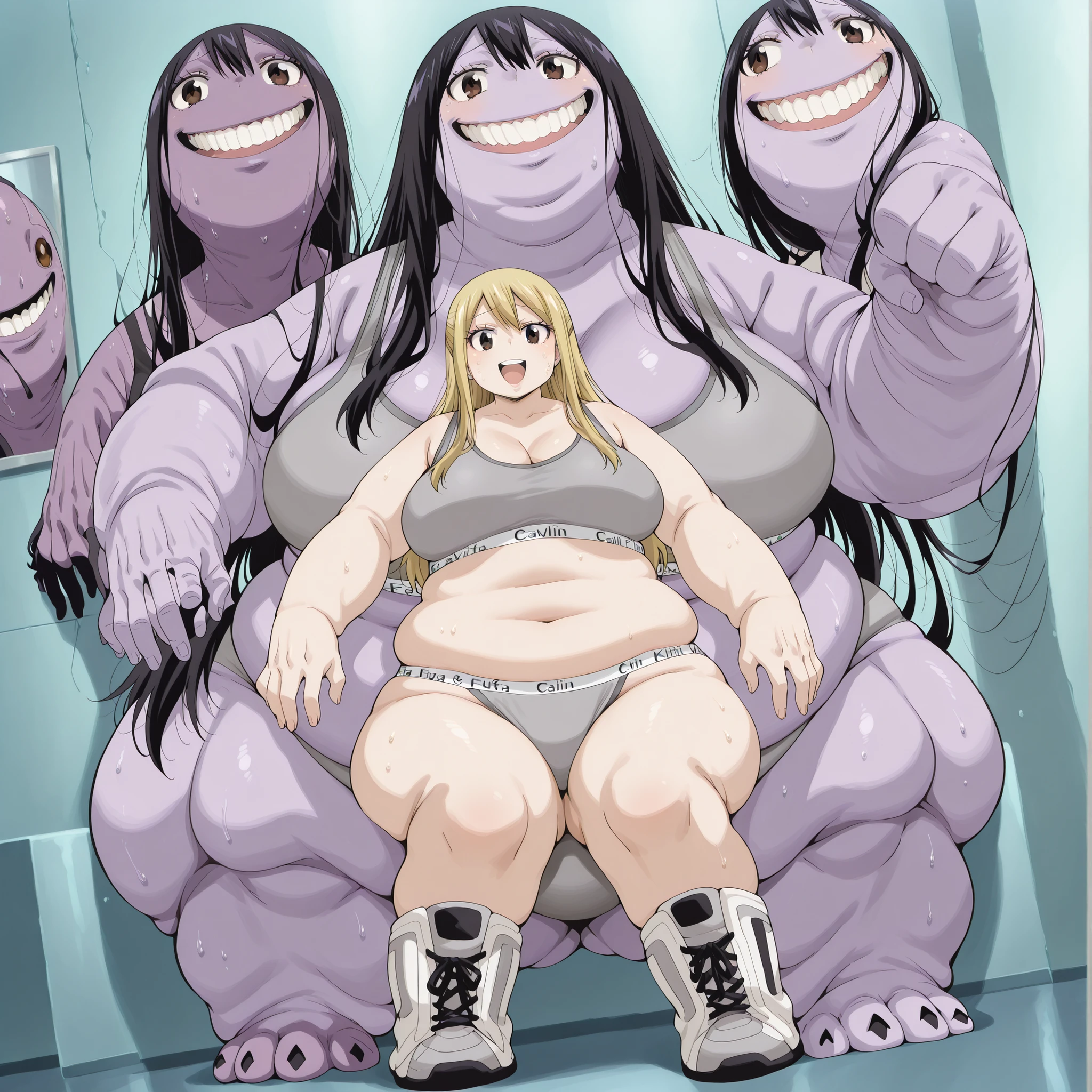  mierukochan vol12, looking at viewer, smile, open mouth, monster, teeth, purple skin, black hair,, lucy heartfilia, long hair, blonde hair, brown eyes, grey sports bra,spors bra,grey sports panties,sports panties,calvin klein, breasts, fat, chubby, obese, fat neck, multiple chins, big breasts open mouth, out of breath, Larger female, full body shot, only head, large head, oversized limbs, large hands, large feet, oversized feet, oversized fingers, big lips, plump lips, fat face, fupa, big fupa, fat fupa,  