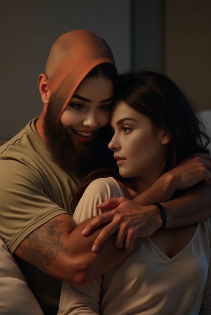 A man with a beard is taking  enhancement pills with woman