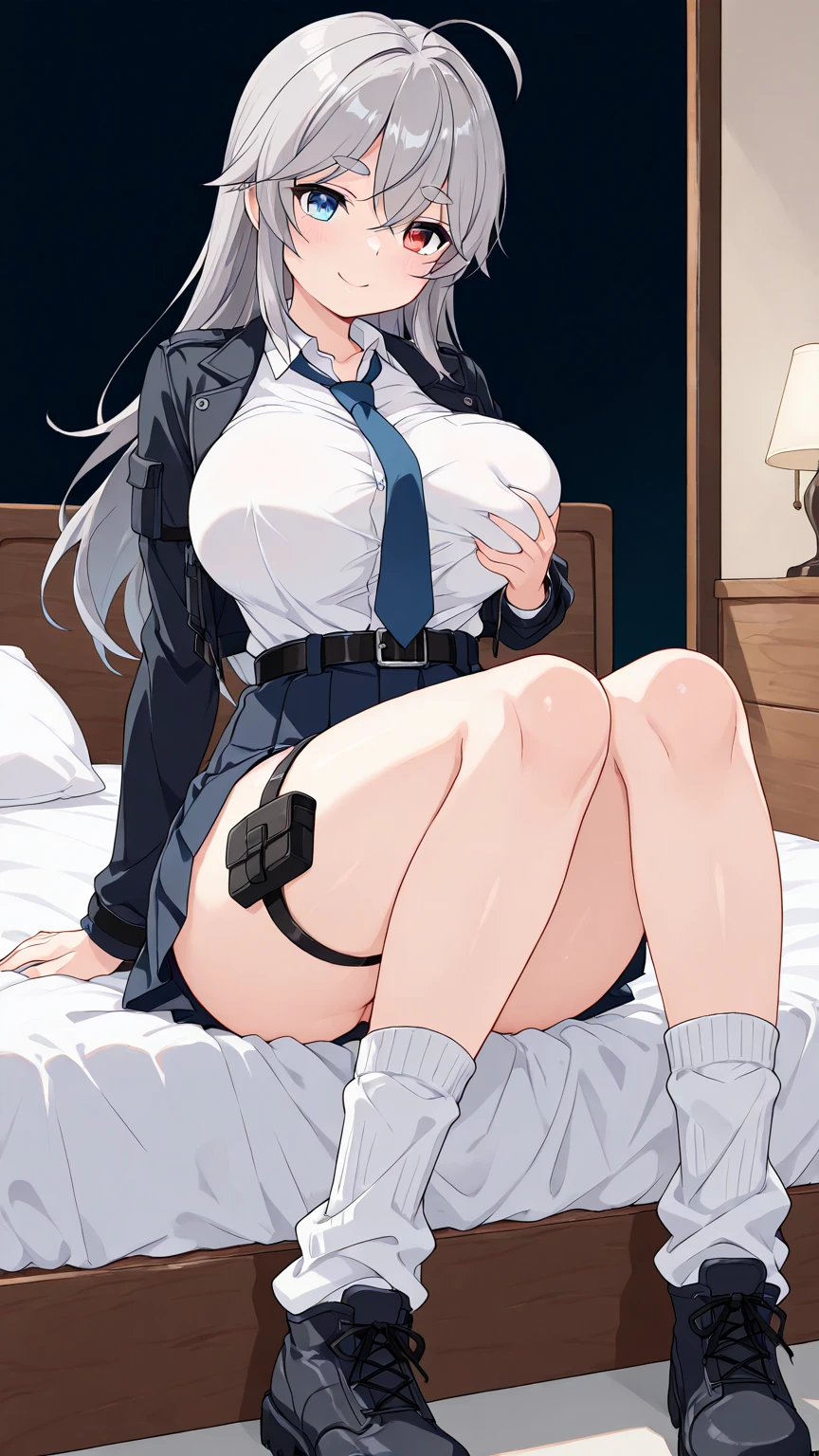 an illustration of a man in a bra is laying on a girl, 1girl, hetero, id card, , 1boy, bronya zaychik, , grey hair, uncensored, one eye closed, grey eyes, , , , on back, long hair, grey sleevesless, sleevesless, sweater, turtleneck sweater, sweater lift, , black jacket, , open mouth, , clothed female  male, earrings, , solo focus, armpits,  male, she is hot and very sweaty, sweaty armpits, soft pubic hair