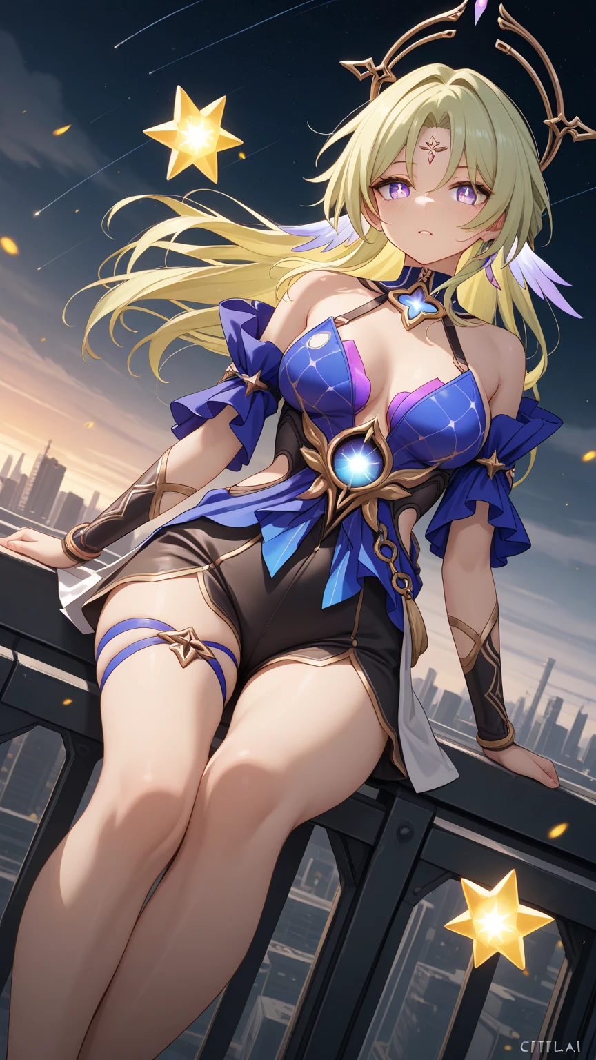 Very detailed、highest quality、Best image quality、masterpiece、8k、Anime Face、A kind smile、Open your mouth、Sparkling blue eyes、(Blonde wavy hair:1.5)、、Muscles of the whole body、camisole、Thigh belt、mini skirt、(Wearing gold ?????? armor:1.5)、(Cowboy Shot:1.5)、(Leg armor:1.5)