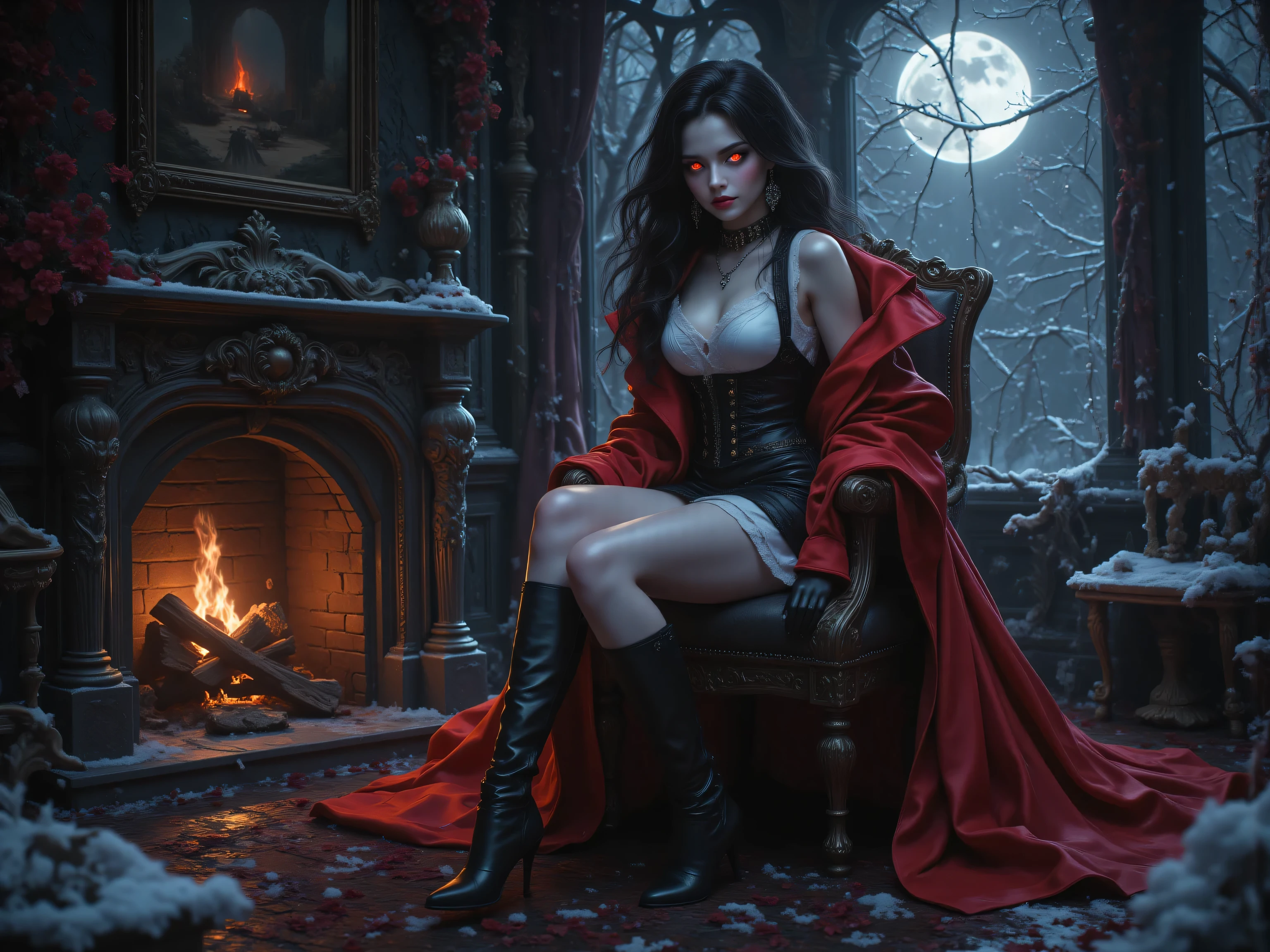 realistic cartoon,midjourney ,, black and white 19th century photograph style, of a female vampire in the night sitting near the fireplace in snowy night , a goth beauty, exquisite beautiful female vampire, best detailed face, red glowing eyes, full body, busty, wearing white bottom shirt, short skirt,  wearing high heeled boots, wearing  red trench coat, flowing trench coat, it is night time, moon light. moon rays, room of goth castle, background, vibrant, Ultra-high resolution, High Contrast, (masterpiece:1.5), highest quality, Best aesthetics), best details, best quality, highres, ultra wide angle, 16k, [ultra detailed], masterpiece, best quality