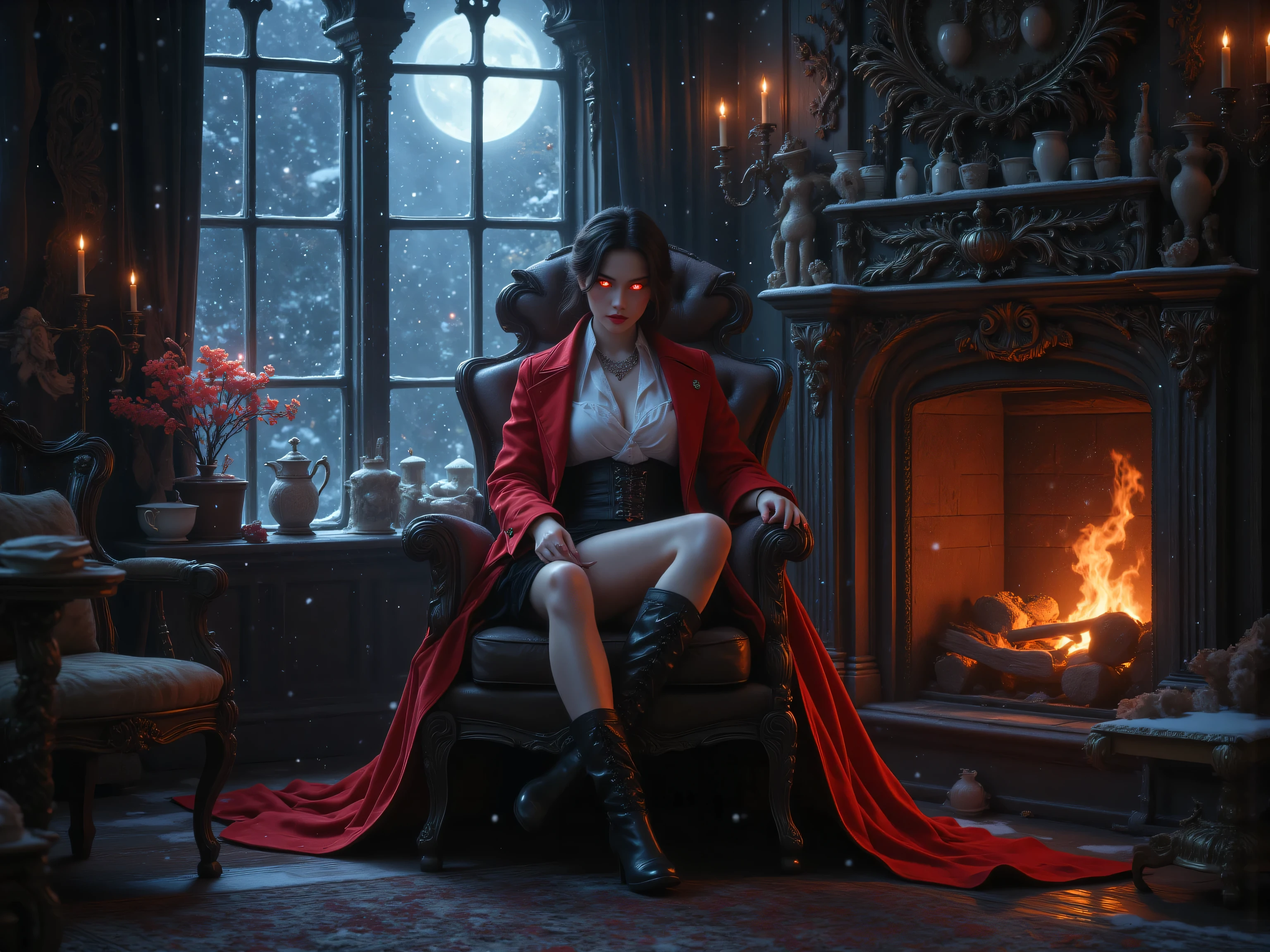 realistic cartoon,midjourney ,, black and white 19th century photograph style, of a female vampire in the night sitting near the fireplace in snowy night , a goth beauty, exquisite beautiful female vampire, best detailed face, red glowing eyes, full body, busty, wearing white bottom shirt, short skirt,  wearing high heeled boots, wearing  red trench coat, flowing trench coat, it is night time, moon light. moon rays, room of goth castle, background, vibrant, Ultra-high resolution, High Contrast, (masterpiece:1.5), highest quality, Best aesthetics), best details, best quality, highres, ultra wide angle, 16k, [ultra detailed], masterpiece, best quality