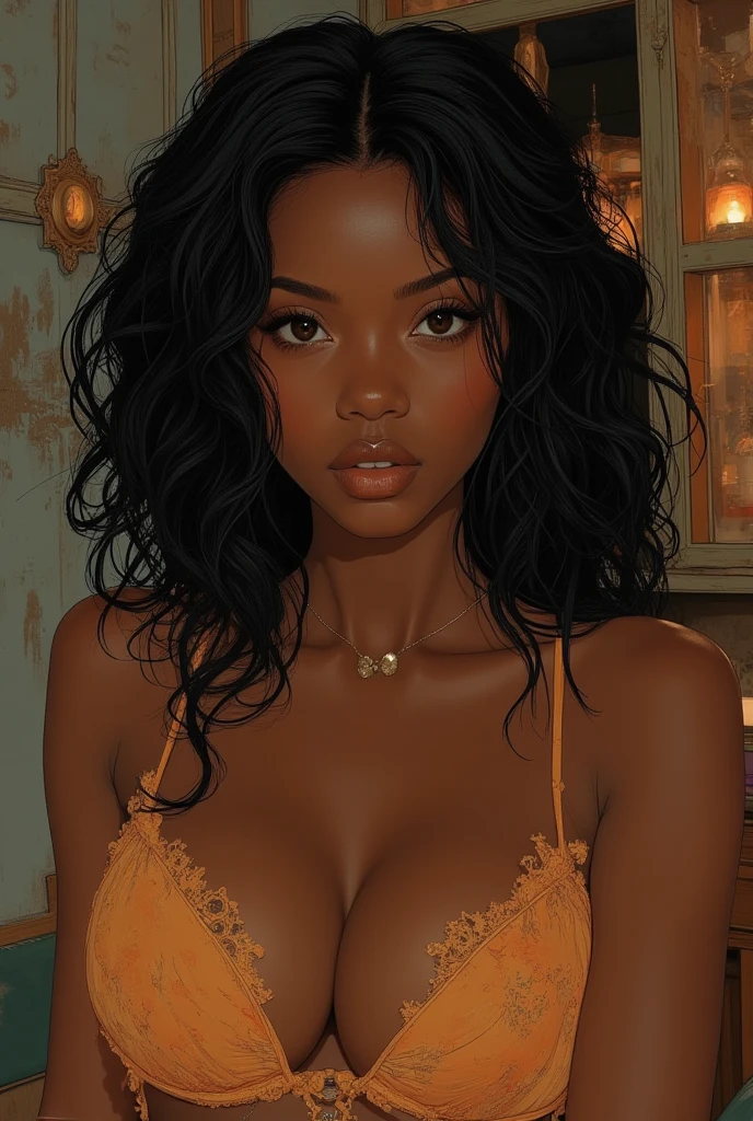 photo woman, hyperrealistic dark black, in a living room, on a black leather sofa with a window in the background, afro woman, 20 years old, big eyes, green eyes, braids in hair, ??????????, dynamic pose, best quality, sitting in chair, open leg, super sensual, big hip, ???????????, ????? panties, super small bra, pajamas,  defined parts, showing, smiling