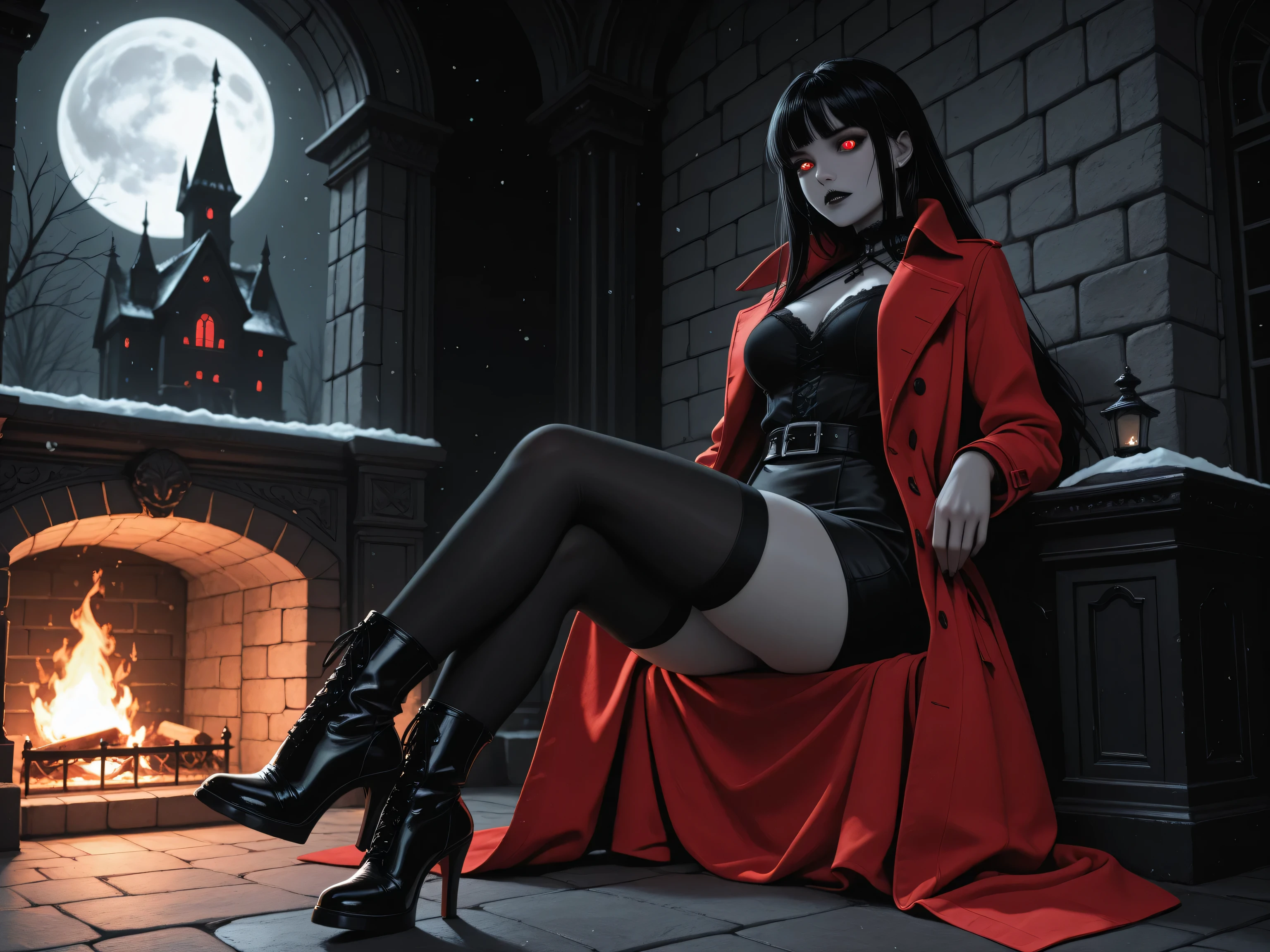 aidmaMJ6.1,masterpiece, best quality, very aesthetic, absurdres,x3rno1a,, black and white 19th century photograph style, of a female vampire in the night sitting near the fireplace in snowy night , a goth beauty, exquisite beautiful female vampire, best detailed face, red glowing eyes, full body, busty, wearing white bottom shirt, short skirt,  wearing high heeled boots, wearing  red trench coat, flowing trench coat, it is night time, moon light. moon rays, room of goth castle, background, vibrant, Ultra-high resolution, High Contrast, (masterpiece:1.5), highest quality, Best aesthetics), best details, best quality, highres, ultra wide angle, 16k, [ultra detailed], masterpiece, best quality