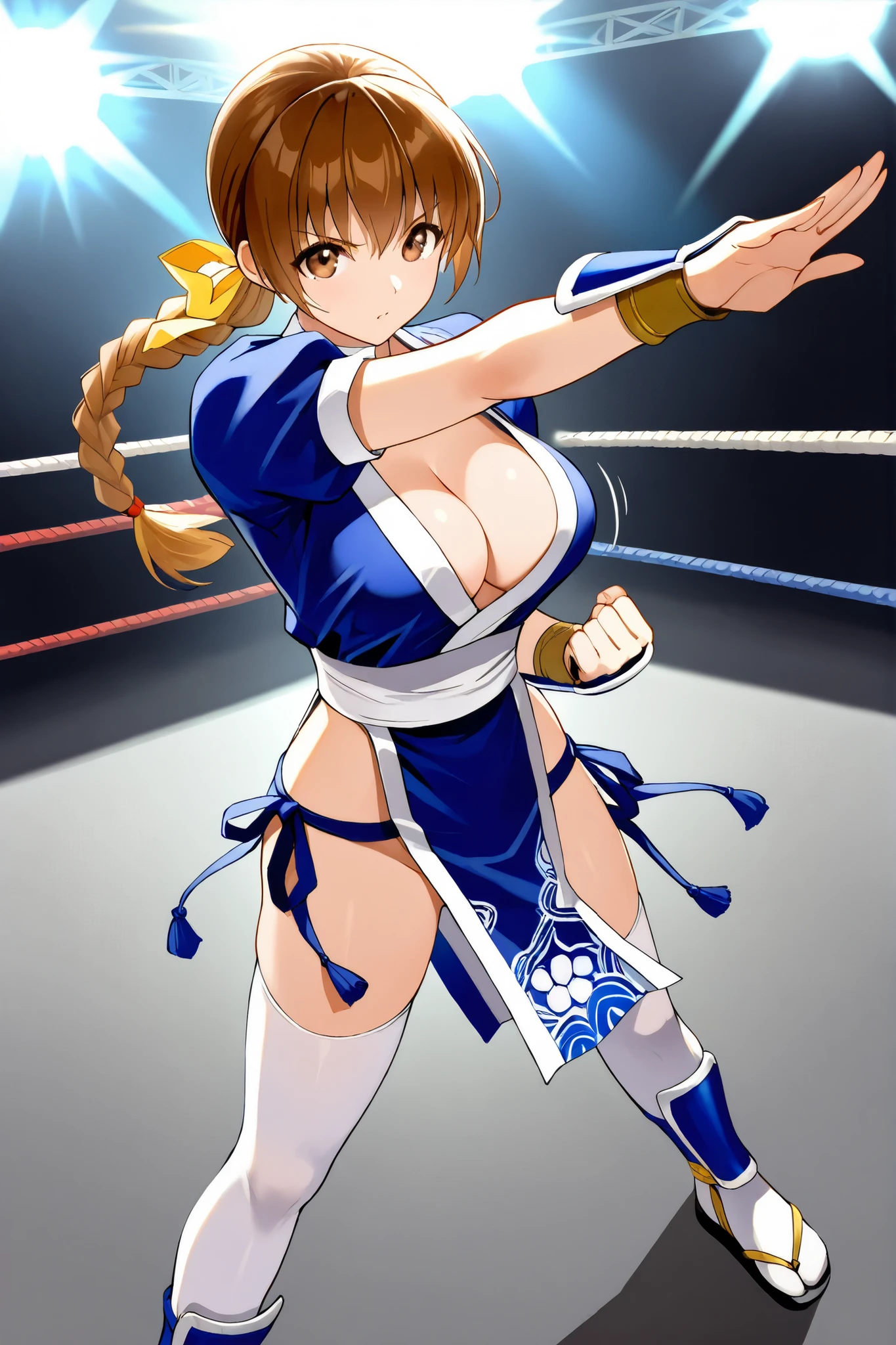 ((((Masterpiece)))), (((( top quality)))),  high definition,fine grain, detailed face ,  　1girl,solo,,, kasumi/(DOA/), brown hair, ,,  Single braid hairstyle,,,hair ribbon,,,,yellow ribbon,,,, brown eyes,,,,,,beautiful eyes,  bangs,slender,,,,,,, ,cleavage,,,bouncing breasts,,,,,half sleeves blue clothes, blue gauntlet, white thighhighs, blue shin guards, white tabi, zori sandals, simple white choker,,simple white panty,,,,　　, ,,,,standing,,,,,clenching one hand,outstretched arm,,,, henshin pose,,,,,wrestling arena lighting,,,,,,,,looking at viewer,,,low angle,,back shot,,,view from the behind,,view from the below