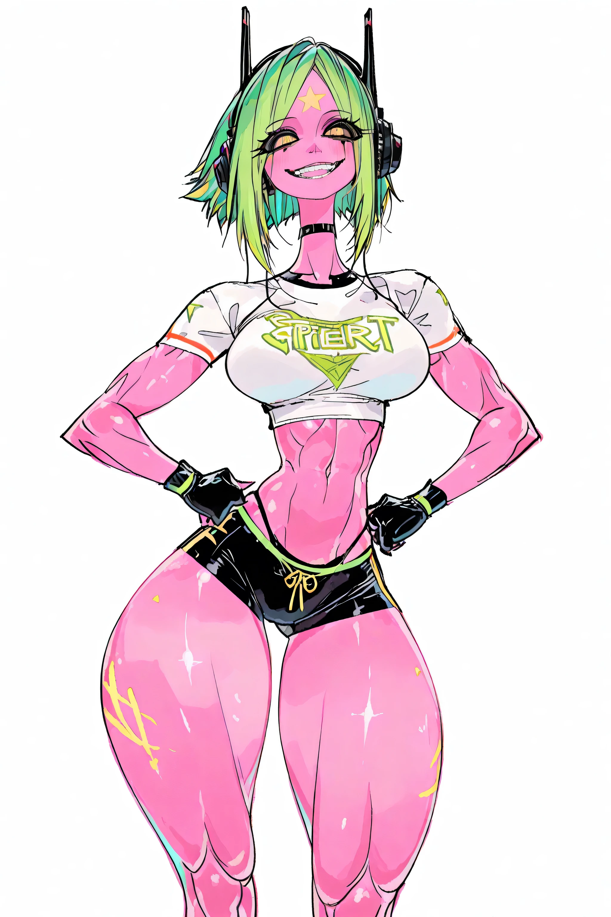 an alien girl, attractive, black sclera, fluorescent green hair, pink skin, big innocent smile, sexy tummy, wide hips, masterpiece, best quality, amazing quality, headphones, sexy front view, thigh gap, yellow iris, midriff, legs apart, sexiest body, sexy body, supermodel build, ridiculously sexy, big cute eyes, sexy long legs, sexy pose, unintentionally provocative pose, flat tummy, long torso, exposed abdomen, straight hair, cute eyes, braces, thong, bare legs, fingerless gloves, ((pixie haircut)), ((short hair)), ((fluorescent green hair)), ((forehead)), ((long bangs)), long legs, sexy legs, supermodel build, no background, ((thick and muscular thighs)), ((sexy tummy)), ((hands on hips)), rounded breast, ((exaggerated proportions)), ((provocative posture)), ((facing the viewer)), ((completely front view), ((standing straight and proud)), ((playful stance)), ((feminine vibe)), ((head tilted)), ((white sport t shirt)), gym outfit, gym slut, ((thick black outlines)), thick black outlines, thick black line art, ((western cartoon style)), ((exaggerated proportions)), ((cute yellow eyes)), ((black sclera)), ((green and black thong)), ((sexy proportions)), ((retro t shirt)), ((sexy t shirt)), ((rounded breast)), ((full frontal view)), ((tight t-shirt))