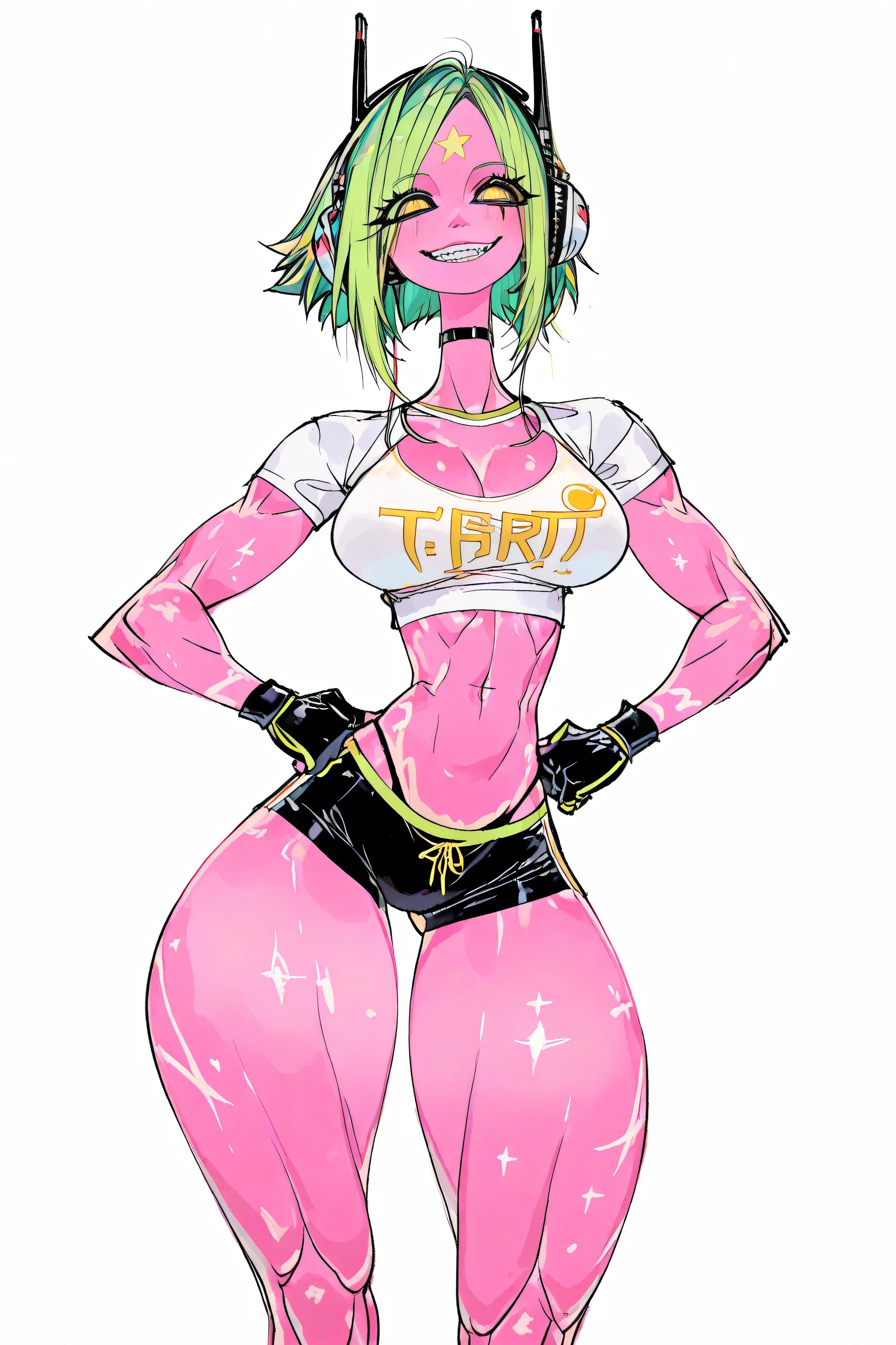 an alien girl, attractive, black sclera, fluorescent green hair, pink skin, big innocent smile, sexy tummy, wide hips, masterpiece, best quality, amazing quality, headphones, sexy front view, thigh gap, yellow iris, midriff, legs apart, sexiest body, sexy body, supermodel build, ridiculously sexy, big cute eyes, sexy long legs, sexy pose, unintentionally provocative pose, flat tummy, long torso, exposed abdomen, straight hair, cute eyes, braces, thong, bare legs, fingerless gloves, ((pixie haircut)), ((short hair)), ((fluorescent green hair)), ((forehead)), ((long bangs)), long legs, sexy legs, supermodel build, no background, ((thick and muscular thighs)), ((sexy tummy)), ((hands on hips)), rounded breast, ((exaggerated proportions)), ((provocative posture)), ((facing the viewer)), ((completely front view), ((standing straight and proud)), ((playful stance)), ((feminine vibe)), ((head tilted)), ((white sport t shirt)), gym outfit, gym slut, ((thick black outlines)), thick black outlines, thick black line art, ((western cartoon style)), ((exaggerated proportions)), ((cute yellow eyes)), ((black sclera)), ((green and black thong)), ((sexy proportions)), ((retro t shirt)), ((sexy t shirt)), ((rounded breast)), ((full frontal view)), ((tight t-shirt))