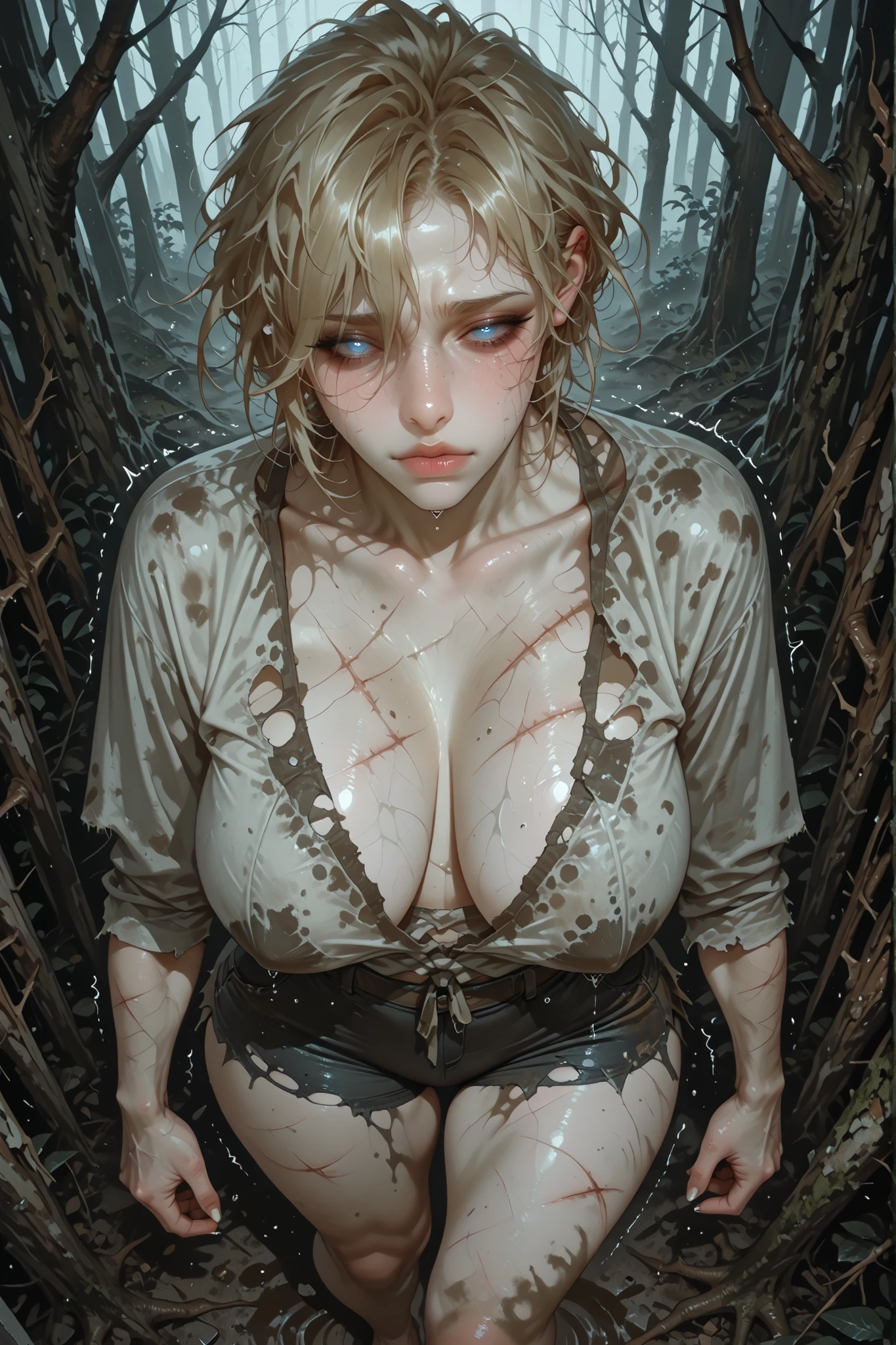mature woman, short hair, messy hair, blonde, , sagging , tired looking, torn clothes, linen shirt, torn shorts, tight clothes, wide , veins on , veiny , rosy lips, pale skin, walking, scars on body,  clothes, pale skin bruised and weathered, deep eye bags, subtle wrinkles of stress and fatigue, faint trembling stance, lips cracked and dry, fingers caked with mud, broken nails, arms and legs marked with scratches, old scars, fresh cuts, insect bites, torn and ragged clothing hanging loosely off her body (shredded blouse, ripped skirt, frayed hems, uneven tears),  fabric clinging to her from damp air,  feet covered in grime and scratches, posture slumped, sad, sad expression, from above, tight shorts, ripped shorts, blue eyes, 
background: dark oppressive forest, dense twisted trees with overgrown roots, fog drifting low to the ground, faint moonlight barely piercing through canopy, scattered broken branches, distant glowing eyes between the trees, eerie silence, cold blue-gray shadows, sense of being watched
