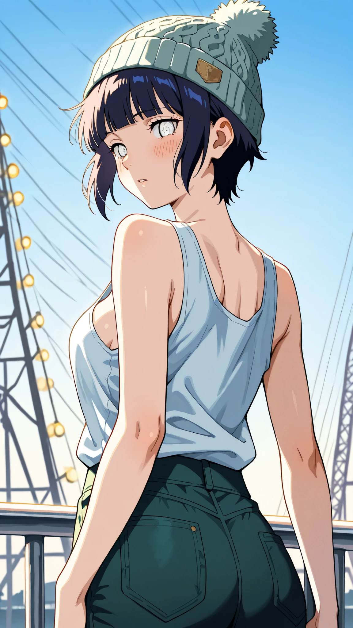 BREAK (masterpiece:1.2), best quality, high resolution,8k wallpaper, (illustration:0.8), (beautiful detailed eyes:1.6),Realistic anime nighttime park with a massive roller coaster looping through the dark, rails lined with vibrant shifting neon, spinning ride lights casting reflections on metal surfaces, deep blue sky above, completely empty, hinata hyuga, short hair, white eyes, bangs, blunt bangs, medium breasts,,,loose sleeveless tank top with deep armholes, light blue color, slightly wrinkled fabric, casual fit,relaxed summer outfit, knit beanie hat in dark green, simple and soft texture,cowboy shot,side boobs,wide-angel,blush,looking at viewer,gentle curves,high realism,flirty face,from behind,back shot,