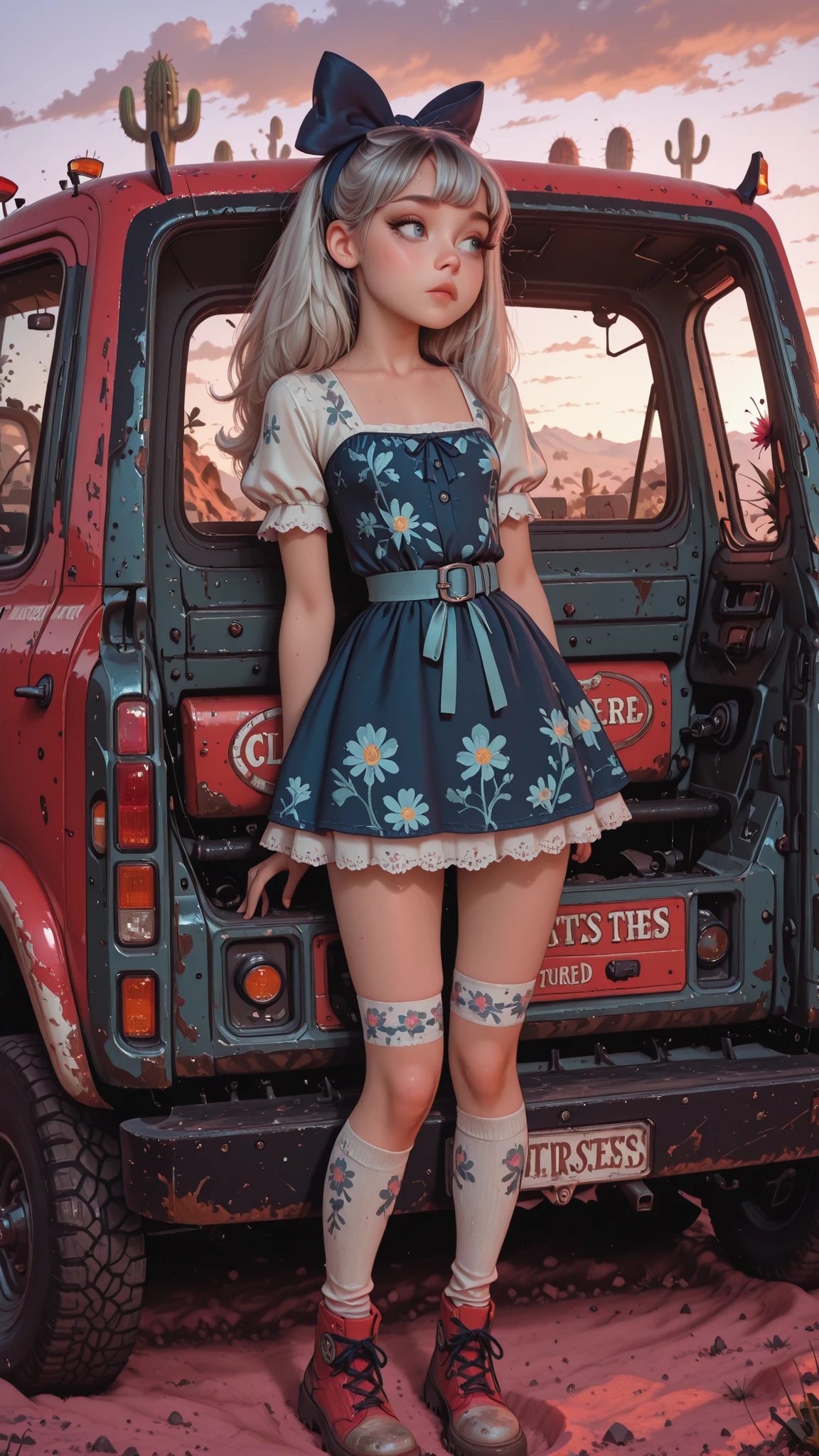Por tsukushi Akihito, artista:MoriiMee This is a sensual, full-body outdoor photograph featuring a fit super model in a casual and pose, leaning on a heavily modified, rustic vintage American pickup truck. She has light black hair styled with a large bow. She's wearing a short blue floral patterned mini dress with white sleeves. The dress features a square neckline, nice cleveance, and a dark blue ribbon belt cinches her waist, white knee socks. she looks directly to the camera. The truck is lifted, equipped with massive off-road tires, and features a two-tone rusty paint job (Red cab and faded Black body) with a racing sticker on the side, set against a dusty outdoor lot under bright daylight. cactus with blooming flowers, big clouds in the sky tinted of orange, purple, pink, yellow and blue