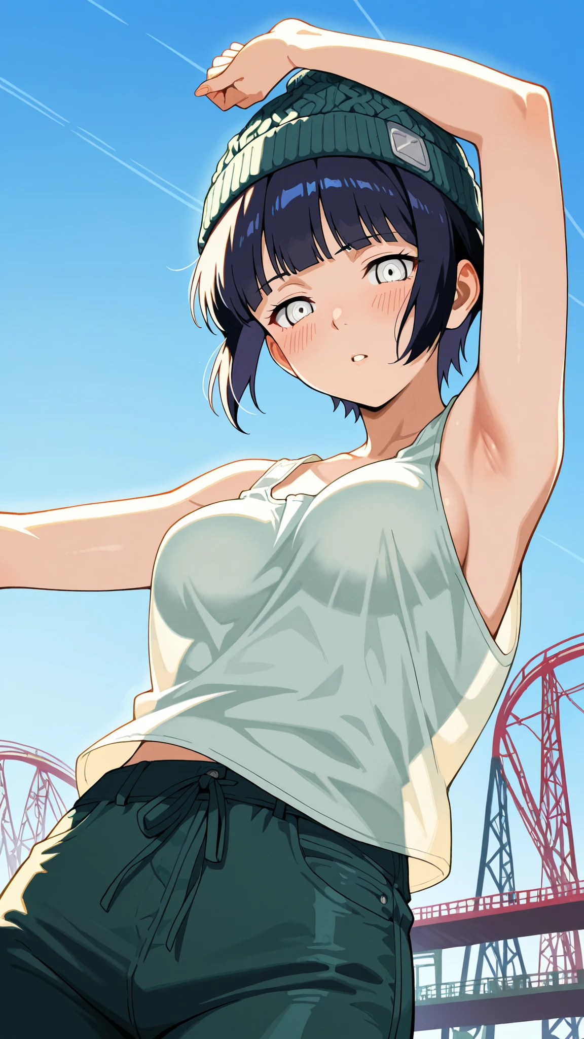 BREAK (masterpiece:1.2), best quality, high resolution,8k wallpaper, (illustration:0.8), (beautiful detailed eyes:1.6),Realistic anime nighttime park with a massive roller coaster looping through the dark, rails lined with vibrant shifting neon, spinning ride lights casting reflections on metal surfaces, deep blue sky above, completely empty, hinata hyuga, short hair, white eyes, bangs, blunt bangs, medium breasts,,,loose sleeveless tank top with deep armholes, light blue color, slightly wrinkled fabric, casual fit,relaxed summer outfit, knit beanie hat in dark green, simple and soft texture,cowboy shot,side boobs,wide-angel,blush,looking at viewer,gentle curves,high realism,flirty face,from below,stretching