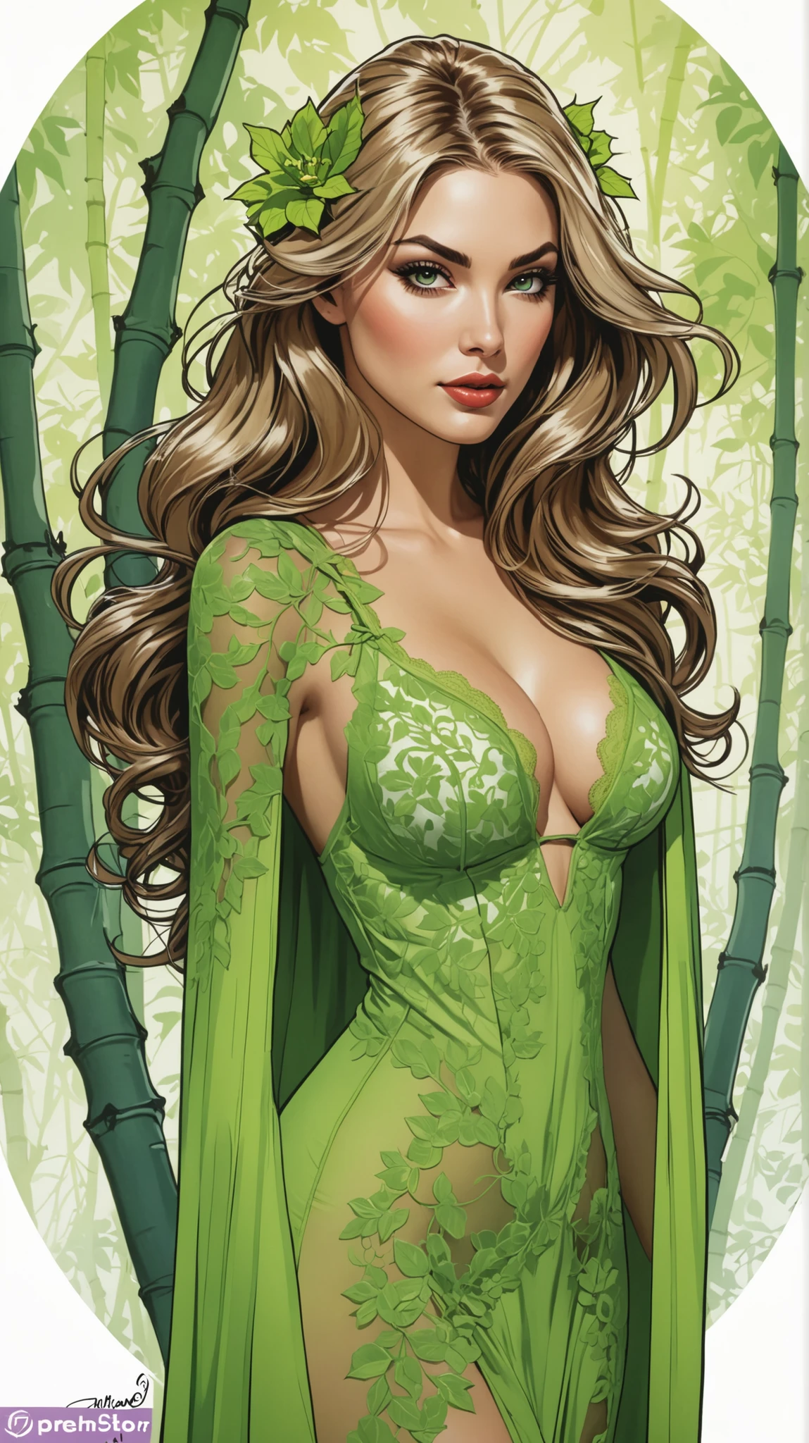 rubenesque woman, standing in a forest glade, small brook, woman, reddish-blonde, freckles, ((covered in vines)), , druidess, vines, robe of vines and leaves, pinup
