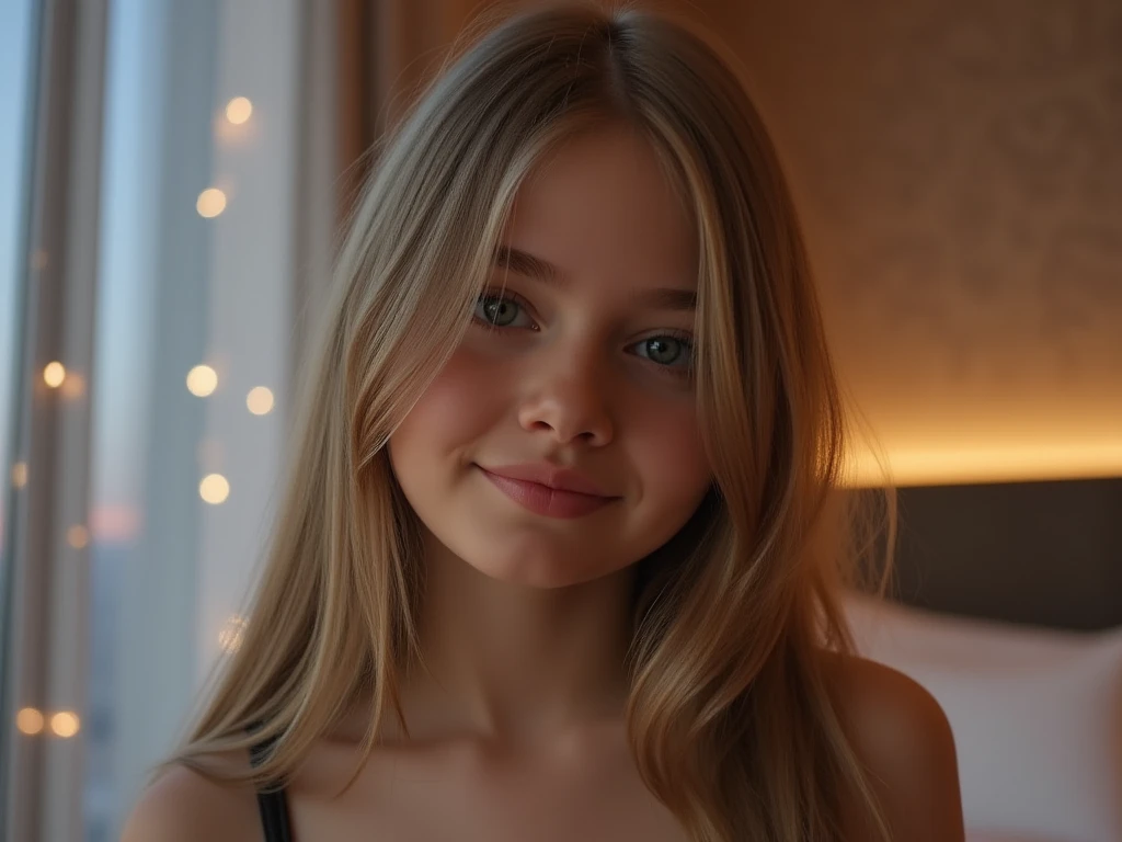 A 19-year-old blonde woman, ((huge breasts)), ((hyperrealism),. blonde hair, extra long hair, very long hair, beautiful, front view, selfie, photo taken with iPhone, elegant beige blouse with a low cut, cute face, shy smile