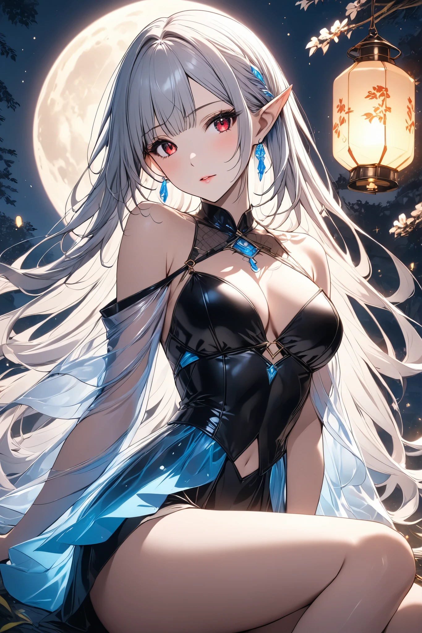 I'm imagining an indoor setting。anime-style illustration that connects the elements、a long long young woman is depicted, Fluffy Silver Hair, fair skin, and pointed ears, in、, part of the cover, and is seen as an elf in her hair and outfit . You can see a stone structure and an old lantern with a soft glow in the lower left {x} She has a slight blush on her cheeks, drawing attention to、恥ずかしそうな表情in左肩を見つめる, Her red eyes. her clothes are short , のオフショルダードレス It's highlighted by , Black bustier, gold border, 、 She is lit by glowing fireflies scattered across her white bodice. Her left hand is casually resting on her upper thigh, A blue jewel with wing-like accents adorns her hair. It's highlighted by , Exposed buttocks, It matches the other blue and gold details on her dress. 舞台は夜の神秘的な森林inす, カバーのみ黒い下着in、 and a short skirt. in、A large full moon and dark trees々, revealing her bare shoulders and upper back, drawing attention to her off-the-shoulder dress, that further enhances the enchanting atmosphere.