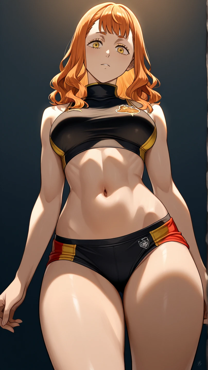 tsundere elf full body toe to head, long hair, blonde hair (green eyes:1.1) pointy ears, elf, multicolored hair, forehead jewel, yellow tiger bikini, standing symmetrical, plain background