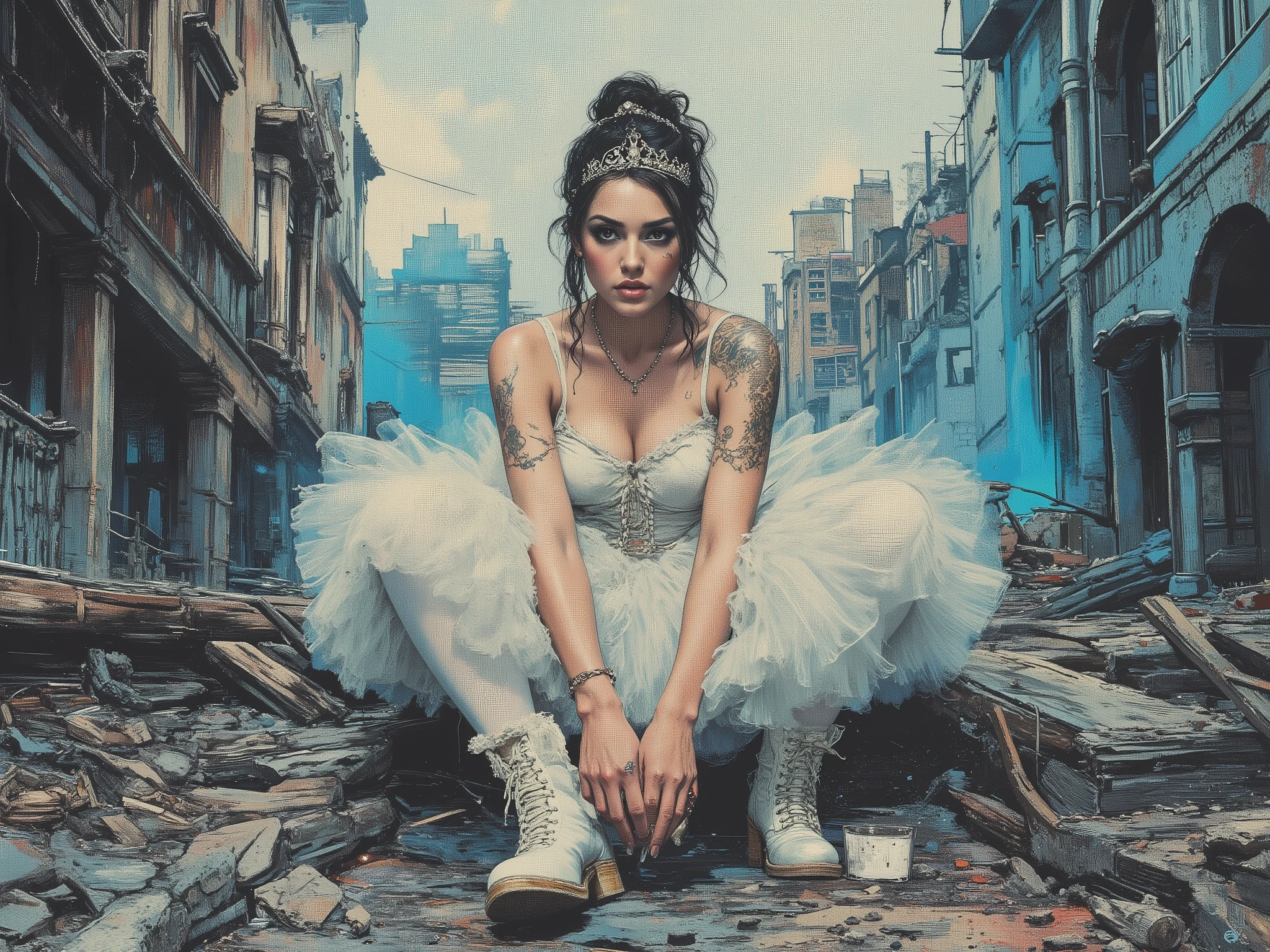 The end of World. The digital illustration shows a beautyfull woman. She's wearing a white tutu white pantyhose and white platform boots. She sits on dastroyed balcony with legs down. She has stage makeup and a hairstyle with a small shining crown in her hair. It is wide angle shot from top. The background is a mix of abstract and urban elements, with a cool color palette dominated by shades of blue and gray. The overall style of the game is very detailed and dynamic, with an emphasis on strong and confident character behavior. Surreal digital graphics.