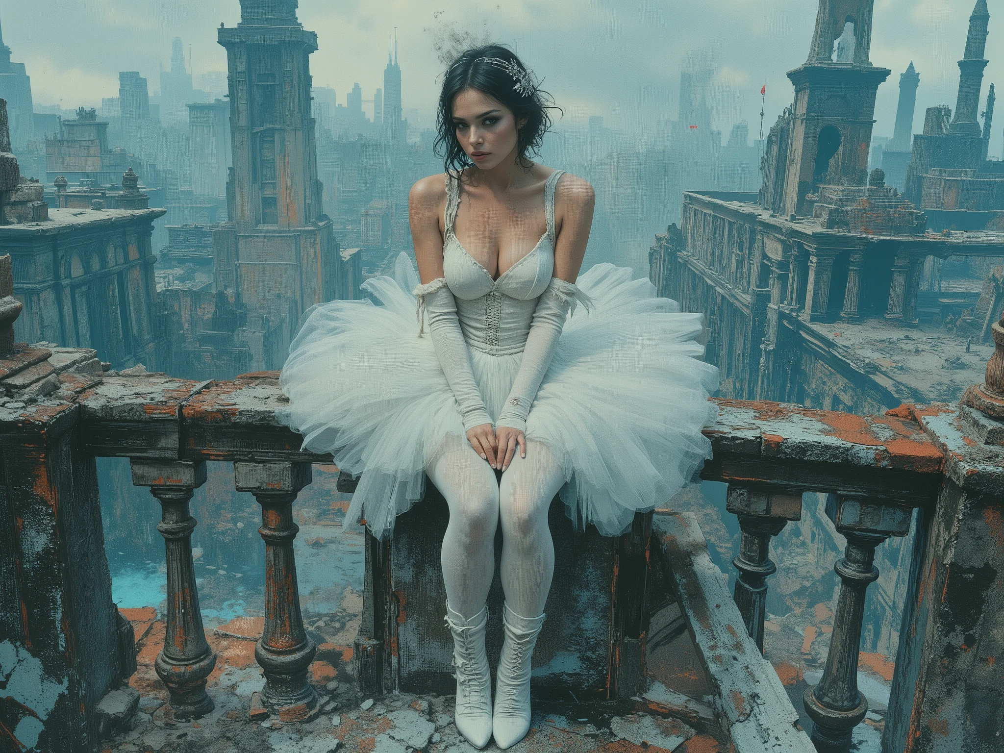 The end of World. The digital illustration shows a beautyfull woman. She's wearing a white tutu white pantyhose and white platform boots. She sits on dastroyed balcony with legs down. She has stage makeup and a hairstyle with a small shining crown in her hair. It is wide angle shot from top. The background is a mix of abstract and urban elements, with a cool color palette dominated by shades of blue and gray. The overall style of the game is very detailed and dynamic, with an emphasis on strong and confident character behavior. Surreal digital graphics.