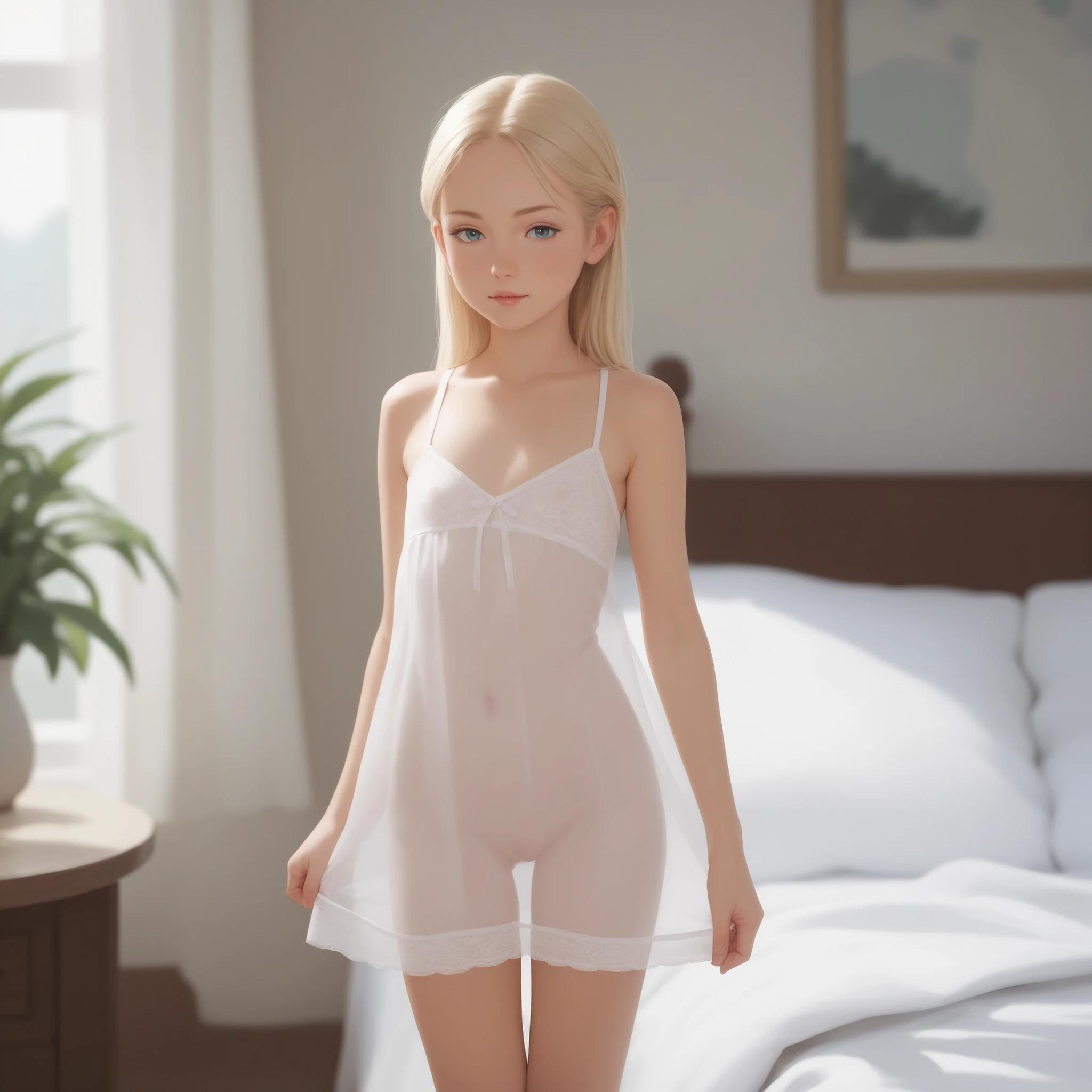 Blonde, naked, flat-chested woman in a transparent nightdress standing in front of the bed.