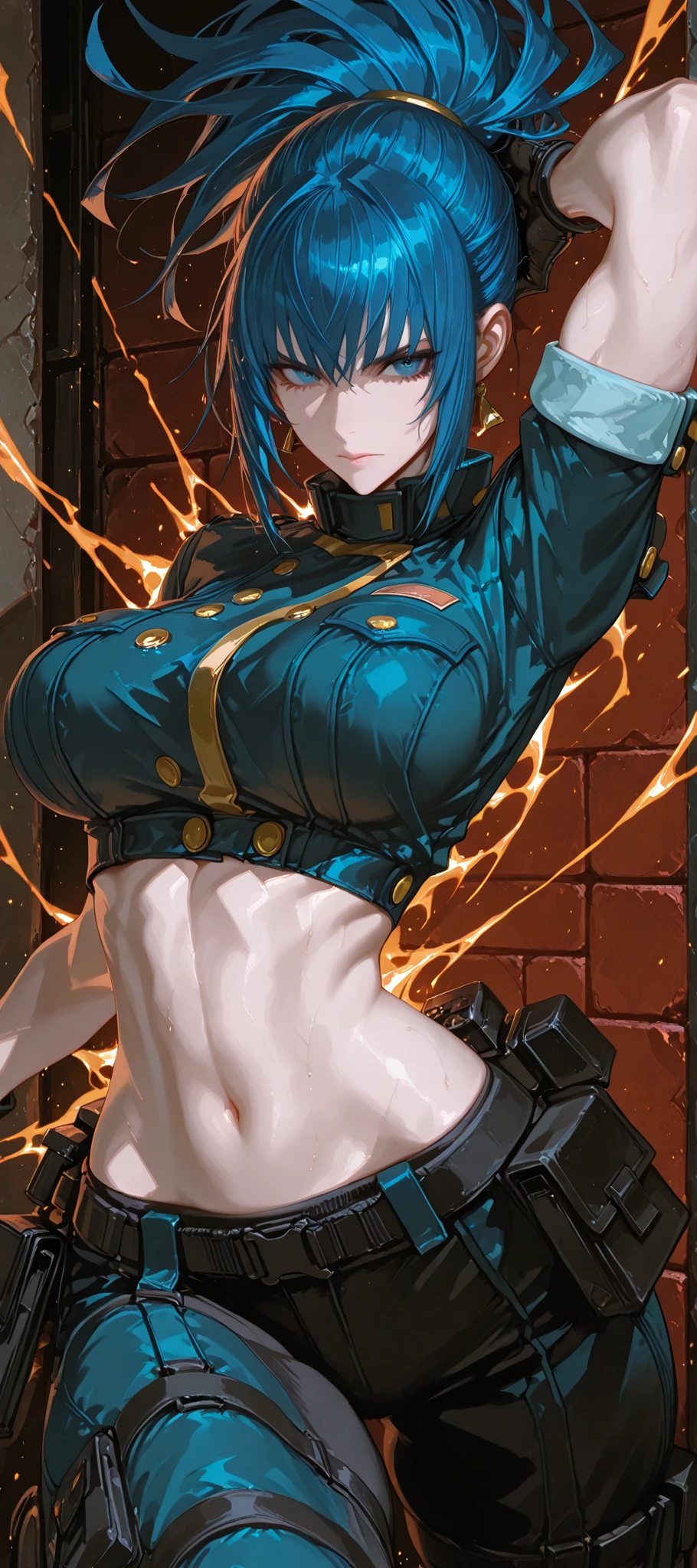 1girl, Alone, leona_Heidern_\(king of fighter\), small waist, slightly large breasts, eccentric , slender, ((dynamic pose)), ((she is looking the other way)), ((Degraded background)), intricate details, masterpiece, High quality, aesthetic, ultra detailed, ((half-body image)), sfw,