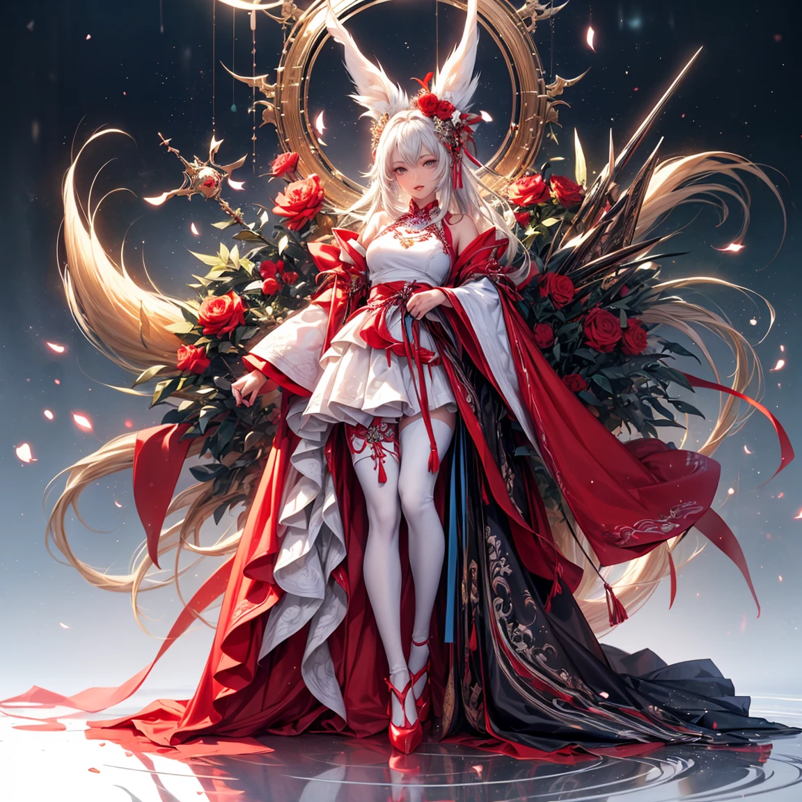  ((best quality)), ((masterpiece)), (detailed), 1girl, Character design, female, astrology, astrological symbolism, star reading, celestrial theme, heavens, heavens above, constellations, dynamic poses, long white grey hair, grey white eyes, very skinny, detailed, best quality, no accesoires around the neck, no shoes, prominent collarbones, skinny arms, flat stomach, visible hip bones, full body, blank white background, plain background, white background, red and white clothing, Bloodborne inspired, occult aesthetic, occult, detailed and intricate steampunk and detailed gothic, , Fluttering lace flared long knee length dress with frilly petticoats, knee length dress, pleated petticoats, petticoats gothic, complex lace boots, gothic aesthetic, wielding a mighty sword with mechanical components, mandalas, small , a fairy, various different types of insect wings, beetle wings, , full body, whole body, body, chains, 