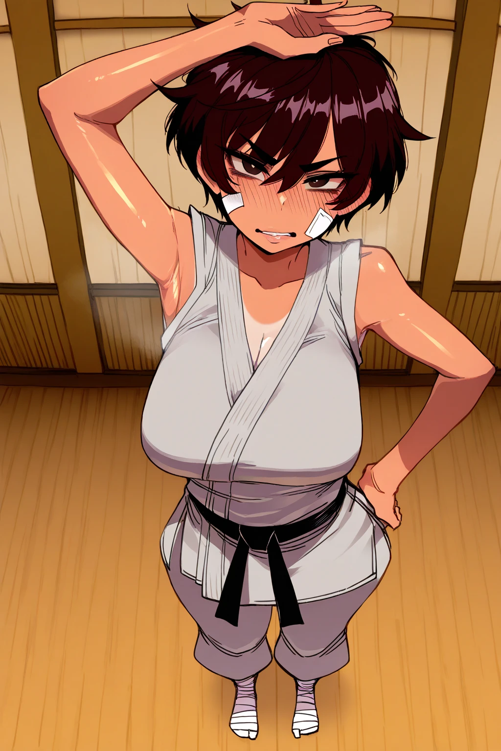 ((((masterpiece, best quality, high resolution)))), Extremely detailed 8K, 1 female, wearing a white Karate gi, (ahegao),white eyes, Small breasts,full body, kneeling, tired, (muscle:1.4), japanese clothes,  No underwear,No eyeballs, Facing the audience, looking at the audience, tired, from below, (Exposed armpit:1.1), ((armpit:1.2)), , Sweating, More and more sweat,(ahegao), (Roll your eyes),  open mouth, Sticking out tongue, saliva, Slobber,Skinny, raise arms, (arms above head:1.5)(Ultra HD, Ultra-detailed, Highly detailed, Highly realistic, Ultra-realistic, photograph realistic), (1girl:1.5), (Realistic black hair), (dynamic poses), facing at camera, looking at viewer, (slightly serious face), (perky :1.2), (beautiful detailed face, beautiful detailed eyes), ((worn out karate gi)), (preparing for a fight), sweat, glow, (sunbeam, sunlight), ((cowboy shot)), inside a training gym, , EnvyBetterHands LoCon,