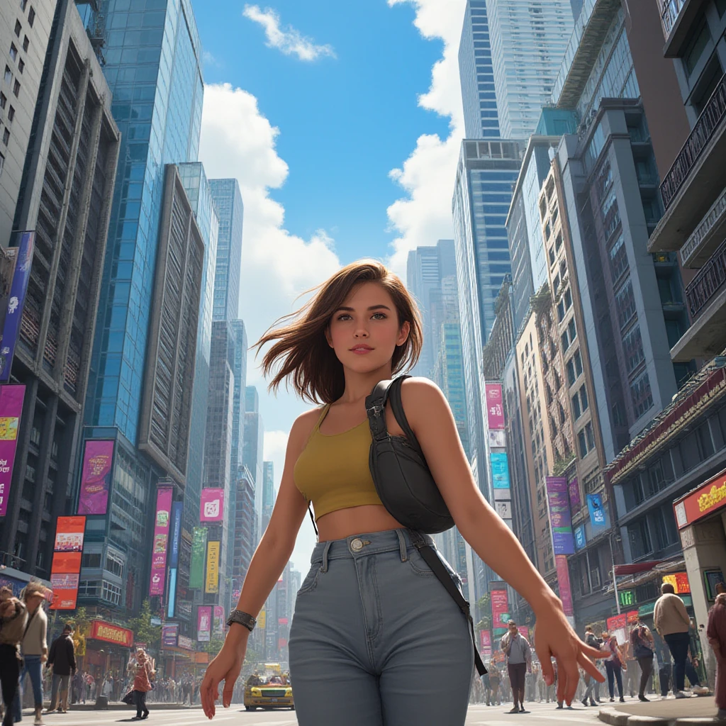 "A towering  in a cool and laid-back hippie style is rocking a crop top and baggy pants. Her toned and athletic build hints at her massive strength. She seems to be casually strolling through the bustling cityscape of GTS City, as towering buildings loom overhead. Smoke and clouds roil around her, adding to the sense of epic scale and drama. The lighting is dark, gloomy, and realistic, creating a tense and ominous atmosphere. The perspective is from below, emphasizing the sheer majesty and power of the ."