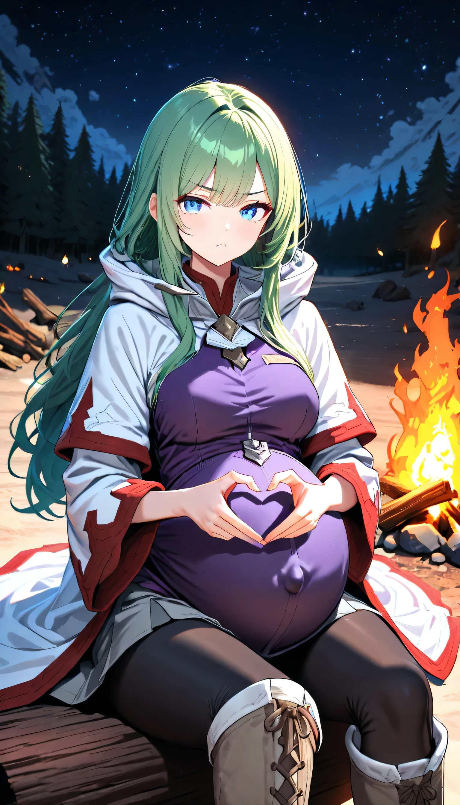 High Resolution, Best Quality, Super Detailed, Masterpiece, 4K, forest campfire, night, 1girl, green hair, long hair, unadorned hair, blue eyes, medium breasts, pregnant, large round heavy belly, tall body, white cloak with red trim, purple tunic, brown laced leotard, grey skirt, black leggings, cloth boots, facing viewer, head turned away from viewer, looking at horizon, annoyed expression, sitting on log, sitting beside fire, heart hands over belly, close up
