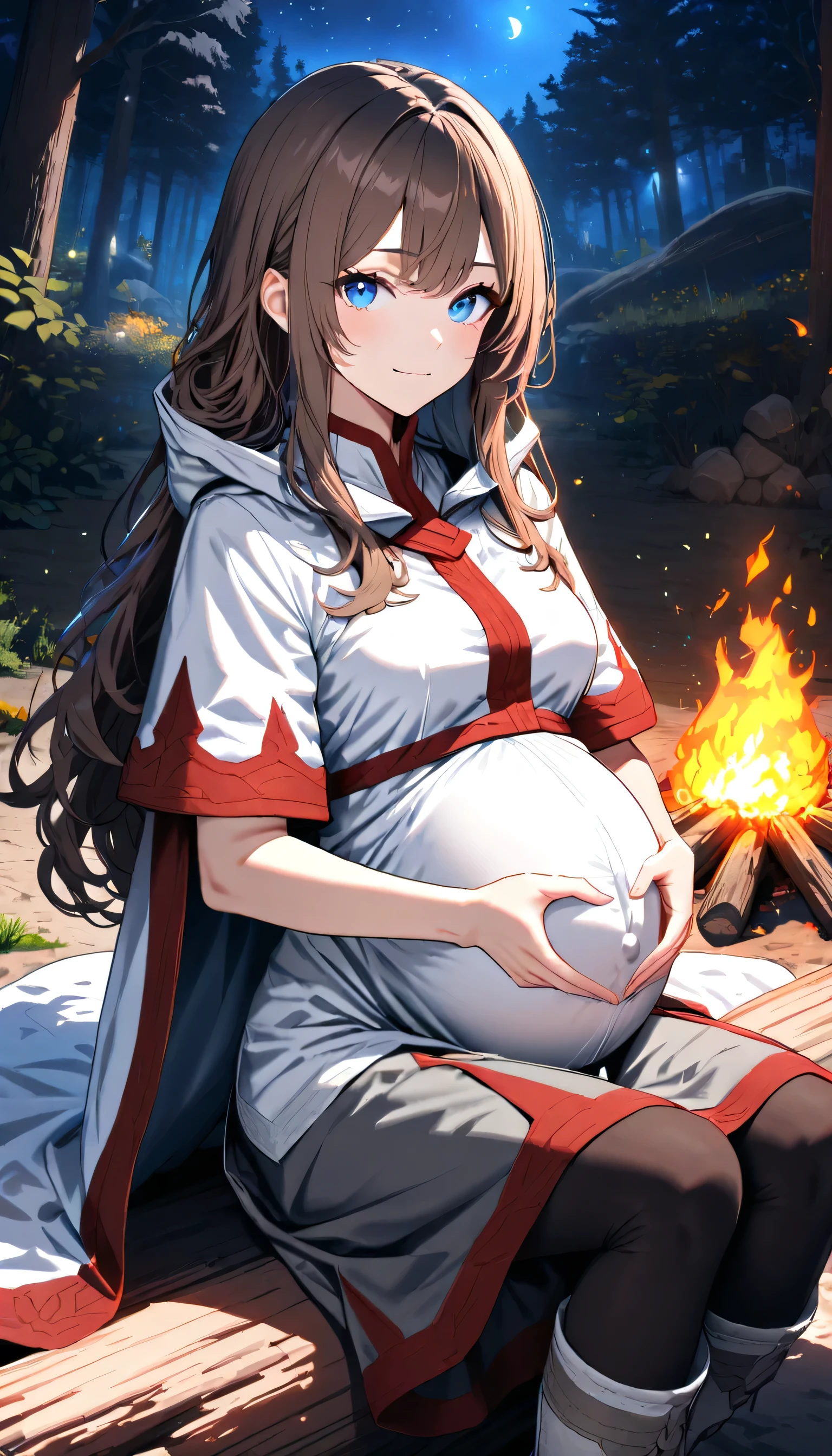 High Resolution, Best Quality, Super Detailed, Masterpiece, 4K, forest campfire, night, 1girl, brown hair, long hair, unadorned hair, blue eyes, medium breasts, pregnant, large round heavy belly, white cloak with red trim, white tunic with red trim, grey skirt, black leggings, cloth boots, looking at viewer, slight smile, sitting on log, sitting beside fire, heart hands over belly, close up