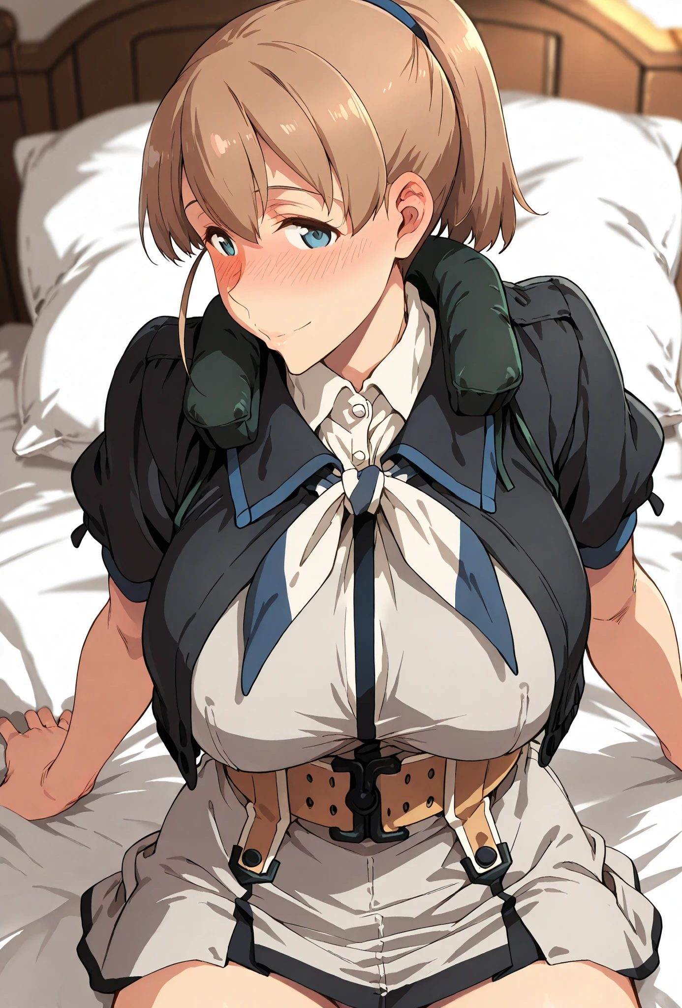 intrepid (kancolle), ,,, score_9, score_8_up, score_7_up, source_anime, top quality, (seductive, blush), viewers, Official Art, viewers, masterpiece, ultra-HD, high detail, depth of field, top quality, 8k, top quality, ergonomic,Official Art, 1 girl,solo, anime keyvisual, Slender, small butt with a low gaze, Sessyu Style,
blue eyes, short hair, brown eyes, ponytail, hair between eyes, large breasts, hair tie,black jacket, collared jacket, cropped jacket, grey dress, miniskirt, neck pillow, open clothes, open jacket, pillow, short sleeves, skirt, neckerchief, grey neckerchief, belt, , ,
,
 ,
, ,
,