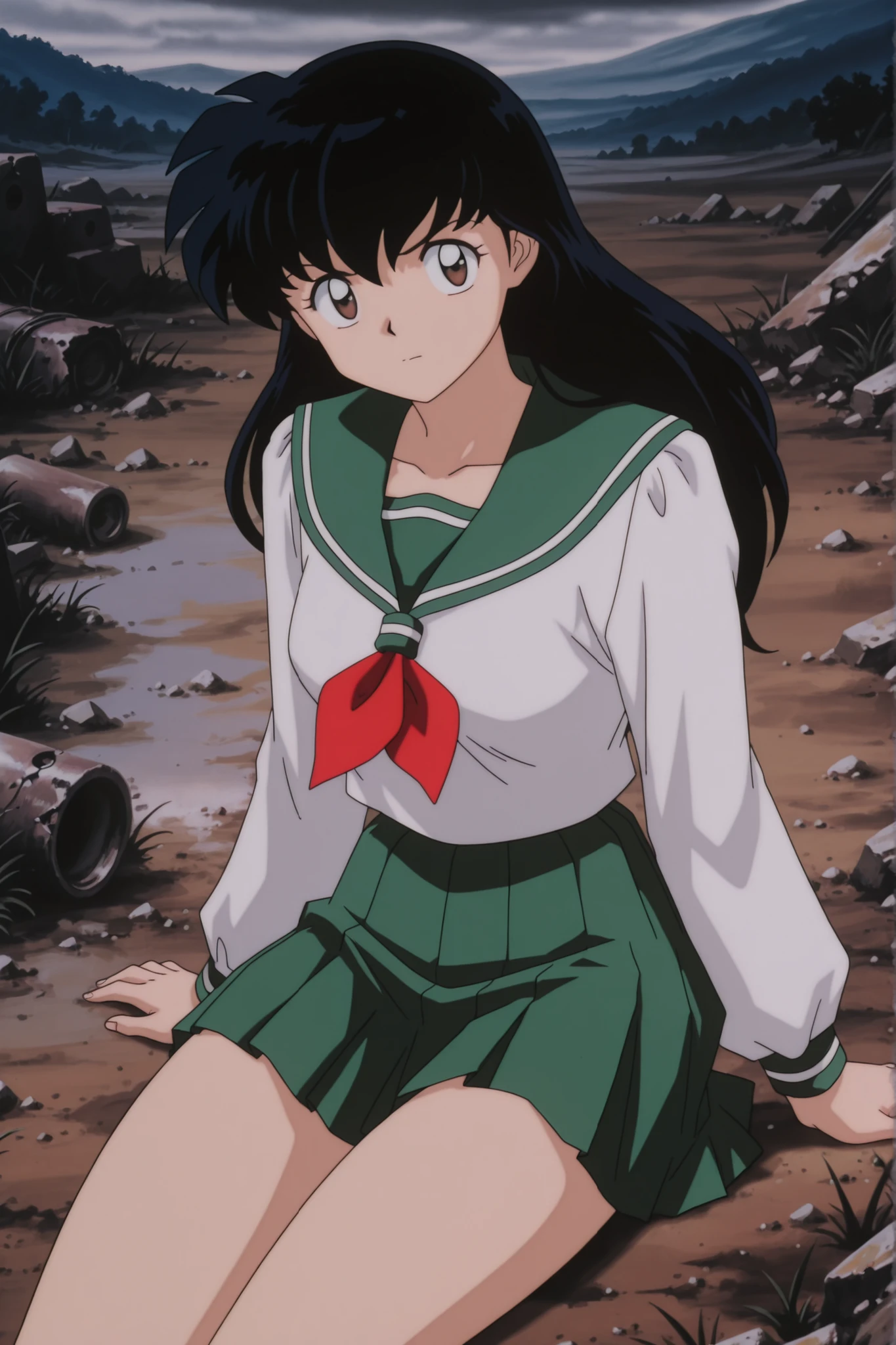 masterpiece,best quality,amazing quality, higurashikagome, masterpiece, best quality, amazing quality,, kagome higurashi, long hair, black hair, retro artstyle, brown eyes, anime screencap, skirt, shirt, long sleeves, school uniform, white shirt, pleated skirt, serafuku, , , green skirt, ,, wasteland, barren, dry, post apocalyptic, desolate, , , cute 🥰, looking at viewer, solo,, cowboy shot, solo , green panyhose , full thighs with green panyhose, sitting on ground, twords viewer