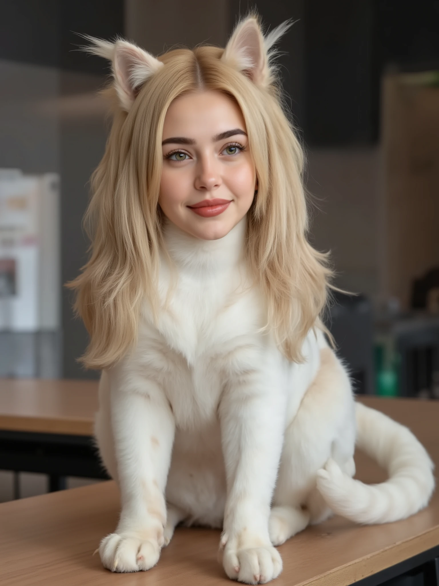 (masterpiece, High quality, high resolution hairstyle, hyperrealistic photograph), Majestic female anthropomorphic cat, hybrid creature standing on a table on its four legs, humanized feline anatomy in an elegant posture, beautiful female face delicate features, cat whiskers on the face , long, silky blonde hair that falls over your shoulders, triangular cat ears that crown its head, shiny and expressive feline eyes, body completely covered with soft and shiny white fur, long and graceful tail moving to maintain balance, height proportional to an adult woman, defined feline muscles under the fur, proud and elegant posture, Flirty and happy. Inside a classroom , LED lighting that creates crisp shadows and dramatic contrasts, detailed realistic textures, perfect details of hair and skin, 8K, professional lighting , balanced composition, depth of field