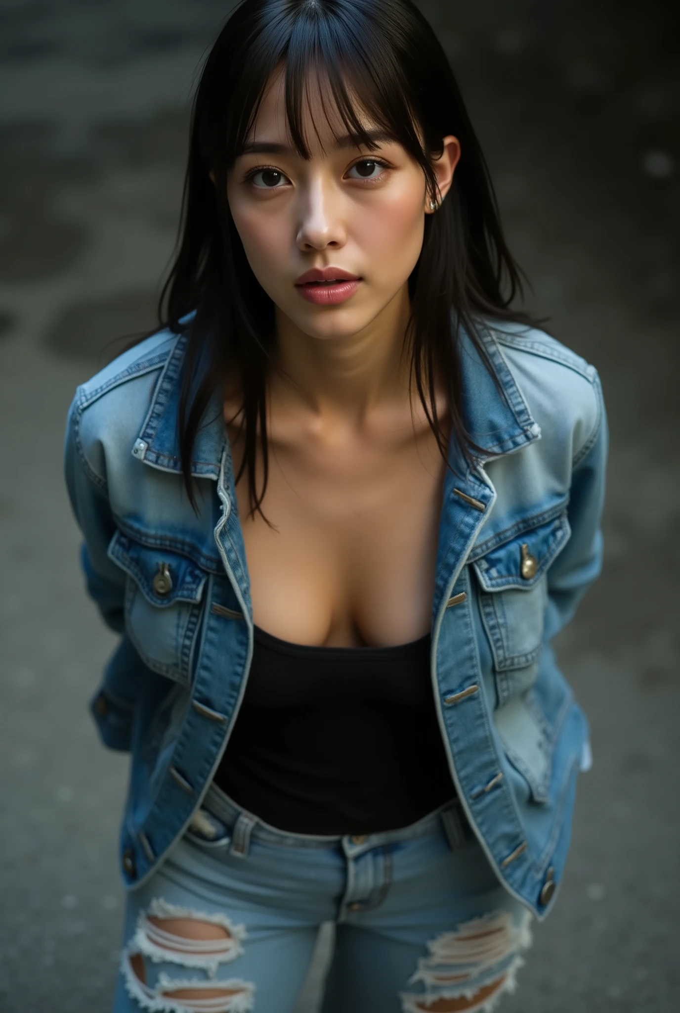 (masterpiece, top quality:1.2), womanhood, solo, standing position of the head, looking forward, Full Body, from above, 
tanned skin at night, 
interrupt job: female leader of a biker gang, 
costume: tank top, ripped denim pants, Denim Jacket, 
characters "オートバイのwomanhood", 