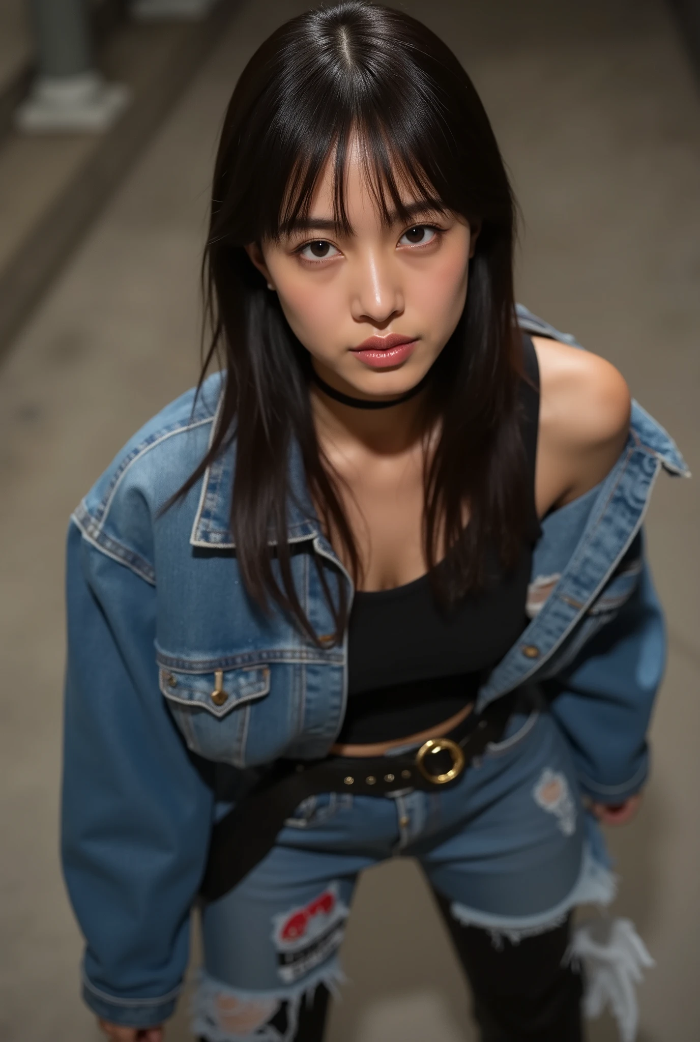 (masterpiece, top quality:1.2), womanhood, solo, standing position of the head, looking forward, Full Body, from above, 
tanned skin at night, 
interrupt job: female leader of a biker gang, 
costume: tank top, ripped denim pants, Denim Jacket, 
characters "オートバイのwomanhood", 