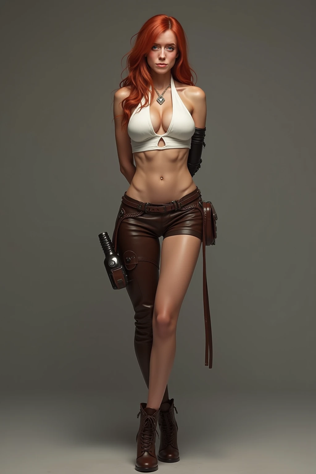 a purple haired lady wearing a  pant, brown leather belt, brown high boots, short red blouse knotted at the front is attempting to fight in a swamp forest, navel, dinosaurs are roaming in the background, muddy ground, detailed face, sharp, cinematic, HD, Dramatic 