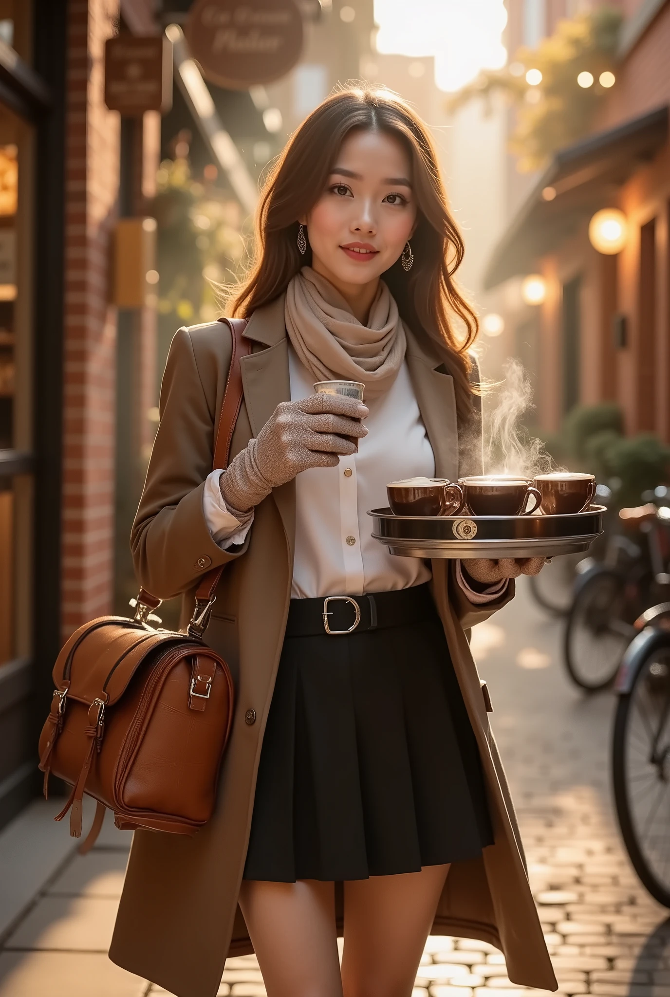 Theme: “Alluring Coffee Courier”

A beautifully stylized, cinematic scene of an alluring coffee courier lady delivering fresh brews with elegance and charm. She steps through a warm, golden café alley at dawn, carrying a leather satchel and a tray of steaming handcrafted coffees. Her look is effortlessly captivating—soft waves of hair, expressive eyes, and a confident, gentle smile that warms the atmosphere.

Her outfit blends vintage courier aesthetics with modern allure: fitted coat, pleated skirt fluttering in the morning breeze, silky scarf, and polished boots. Subtle accessories—delicate earrings, embossed gloves, small enamel pins—hint at her personality. As she offers a cup forward, rising steam curls around her like a soft halo, illuminated by warm sunbeams filtering through café windows and hanging string lights.

Coffee aroma fills the air, blending with the cozy ambience of brick walls, wooden signs, bicycles, and plants. The moment feels intimate, enchanting, and full of charm—an irresistible invitation to take a sip from the drink she lovingly prepared.
