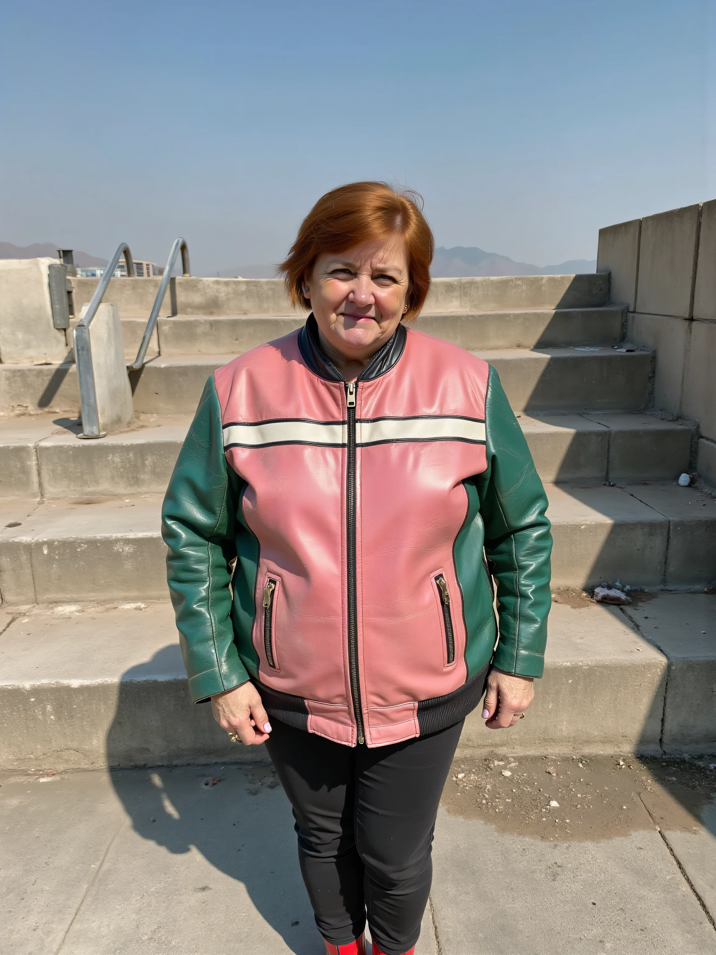 a photograph taken at the base of MiladTower, a woman wearing a pink leather jacket with green sleeves and a white stripe across the chest, the jacket is a 1970swornbluwhtcfrcrjkt and has extensive wrinkles from age, the woman is 72 years old, the woman is fat and has a large belly, the woman has heavy arms, the woman has red hair, the woman has a black streak of hair, the woman wears red leather boots with black stripes, the photograph is taken at mid day