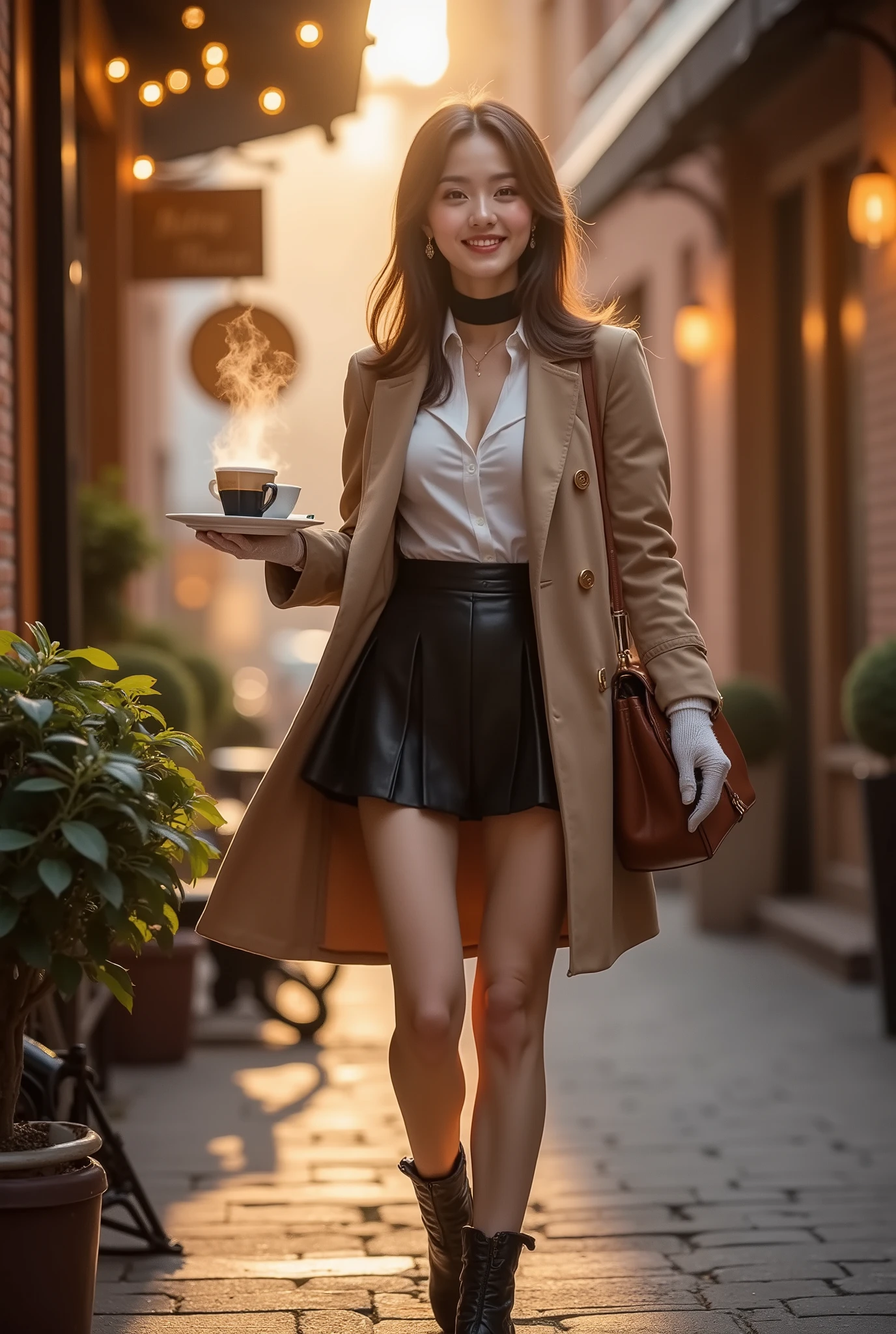 Theme: “Alluring Coffee Courier”

A beautifully stylized, cinematic scene of an alluring coffee courier lady delivering fresh brews with elegance and charm. She steps through a warm, golden café alley at dawn, carrying a leather satchel and a tray of steaming handcrafted coffees. Her look is effortlessly captivating—soft waves of hair, expressive eyes, and a confident, gentle smile that warms the atmosphere.

Her outfit blends vintage courier aesthetics with modern allure: fitted coat, pleated skirt fluttering in the morning breeze, silky scarf, and polished boots. Subtle accessories—delicate earrings, embossed gloves, small enamel pins—hint at her personality. As she offers a cup forward, rising steam curls around her like a soft halo, illuminated by warm sunbeams filtering through café windows and hanging string lights.

Coffee aroma fills the air, blending with the cozy ambience of brick walls, wooden signs, bicycles, and plants. The moment feels intimate, enchanting, and full of charm—an irresistible invitation to take a sip from the drink she lovingly prepared.
