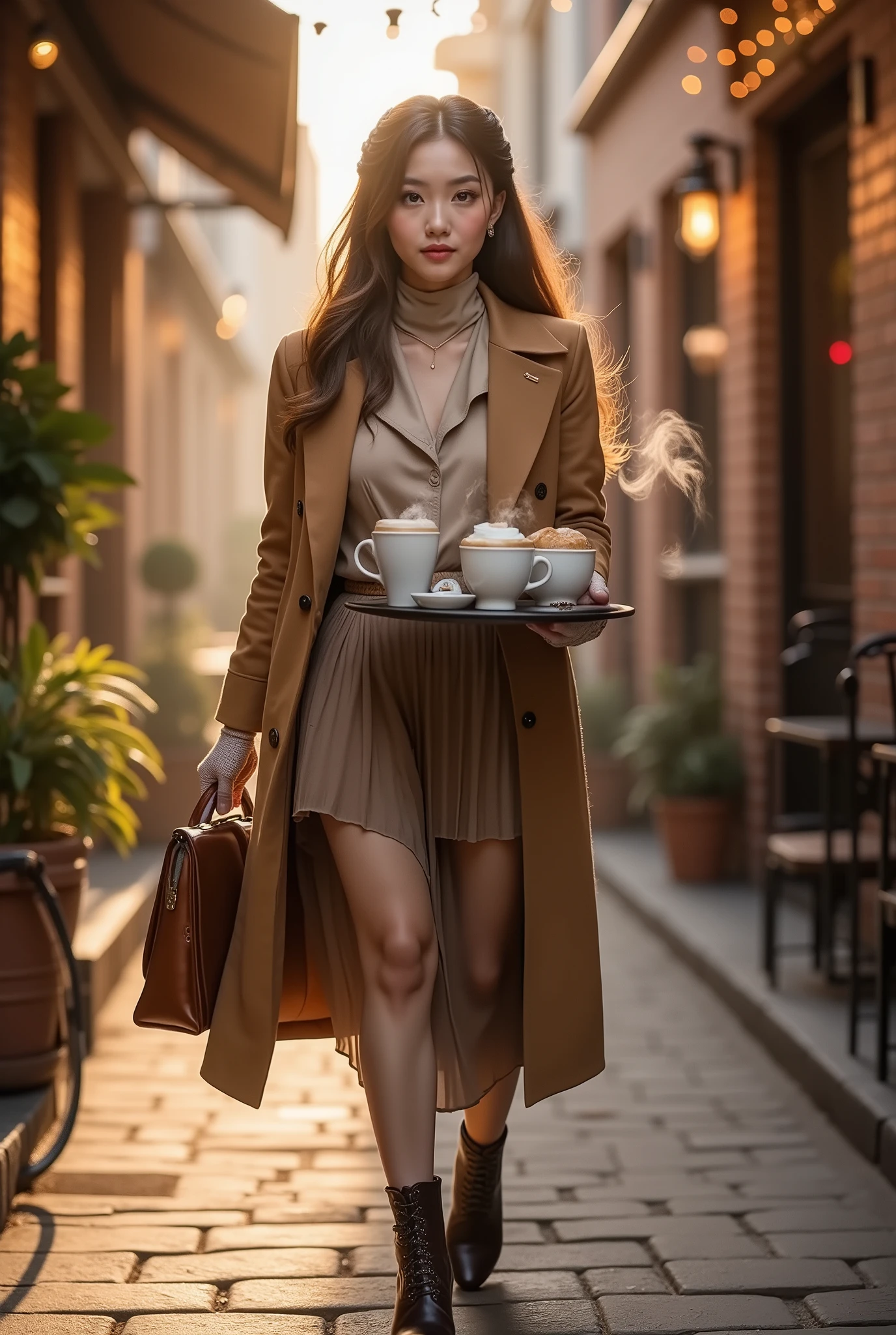 Theme: “Alluring Coffee Courier”
A beautifully stylized, cinematic scene of an alluring coffee courier lady delivering fresh brews with elegance and charm. She steps through a warm, golden café alley at dawn, carrying a leather satchel and a tray of steaming handcrafted coffees. Her look is effortlessly captivating—soft waves of hair, expressive eyes, and a confident, gentle smile that warms the atmosphere.
Her outfit blends vintage courier aesthetics with modern allure: fitted coat, pleated skirt fluttering in the morning breeze, silky scarf, and polished boots. Subtle accessories—delicate earrings, embossed gloves, small enamel pins—hint at her personality. As she offers a cup forward, rising steam curls around her like a soft halo, illuminated by warm sunbeams filtering through café windows and hanging string lights.
Coffee aroma fills the air, blending with the cozy ambience of brick walls, wooden signs, bicycles, and plants. The moment feels intimate, enchanting, and full of charm—an irresistible invitation to take a sip from the drink she lovingly prepared.