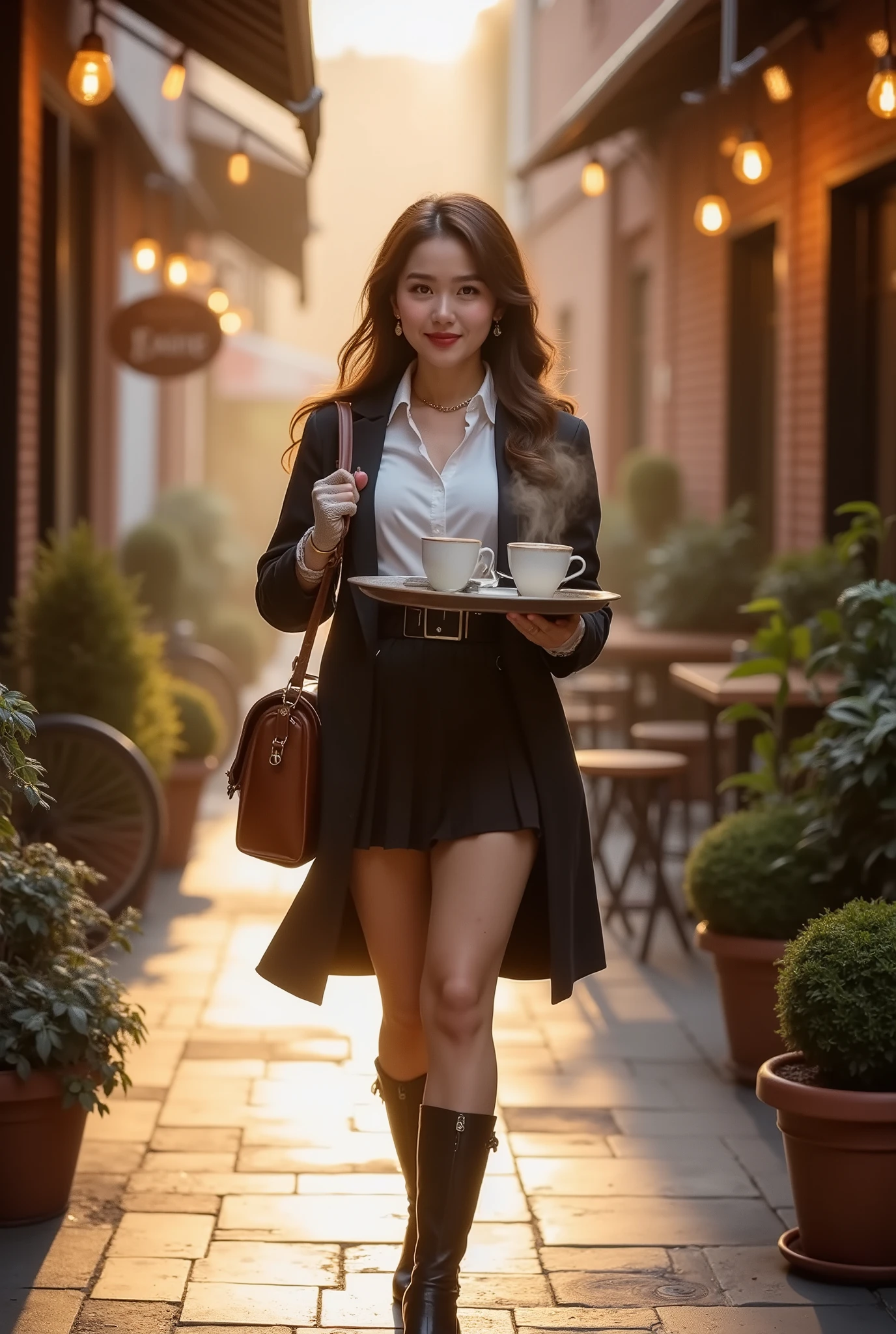 Theme: “Alluring Coffee Courier”

A beautifully stylized, cinematic scene of an alluring coffee courier lady delivering fresh brews with elegance and charm. She steps through a warm, golden café alley at dawn, carrying a leather satchel and a tray of steaming handcrafted coffees. Her look is effortlessly captivating—soft waves of hair, expressive eyes, and a confident, gentle smile that warms the atmosphere.

Her outfit blends vintage courier aesthetics with modern allure: fitted coat, pleated skirt fluttering in the morning breeze, silky scarf, and polished boots. Subtle accessories—delicate earrings, embossed gloves, small enamel pins—hint at her personality. As she offers a cup forward, rising steam curls around her like a soft halo, illuminated by warm sunbeams filtering through café windows and hanging string lights.

Coffee aroma fills the air, blending with the cozy ambience of brick walls, wooden signs, bicycles, and plants. The moment feels intimate, enchanting, and full of charm—an irresistible invitation to take a sip from the drink she lovingly prepared.
