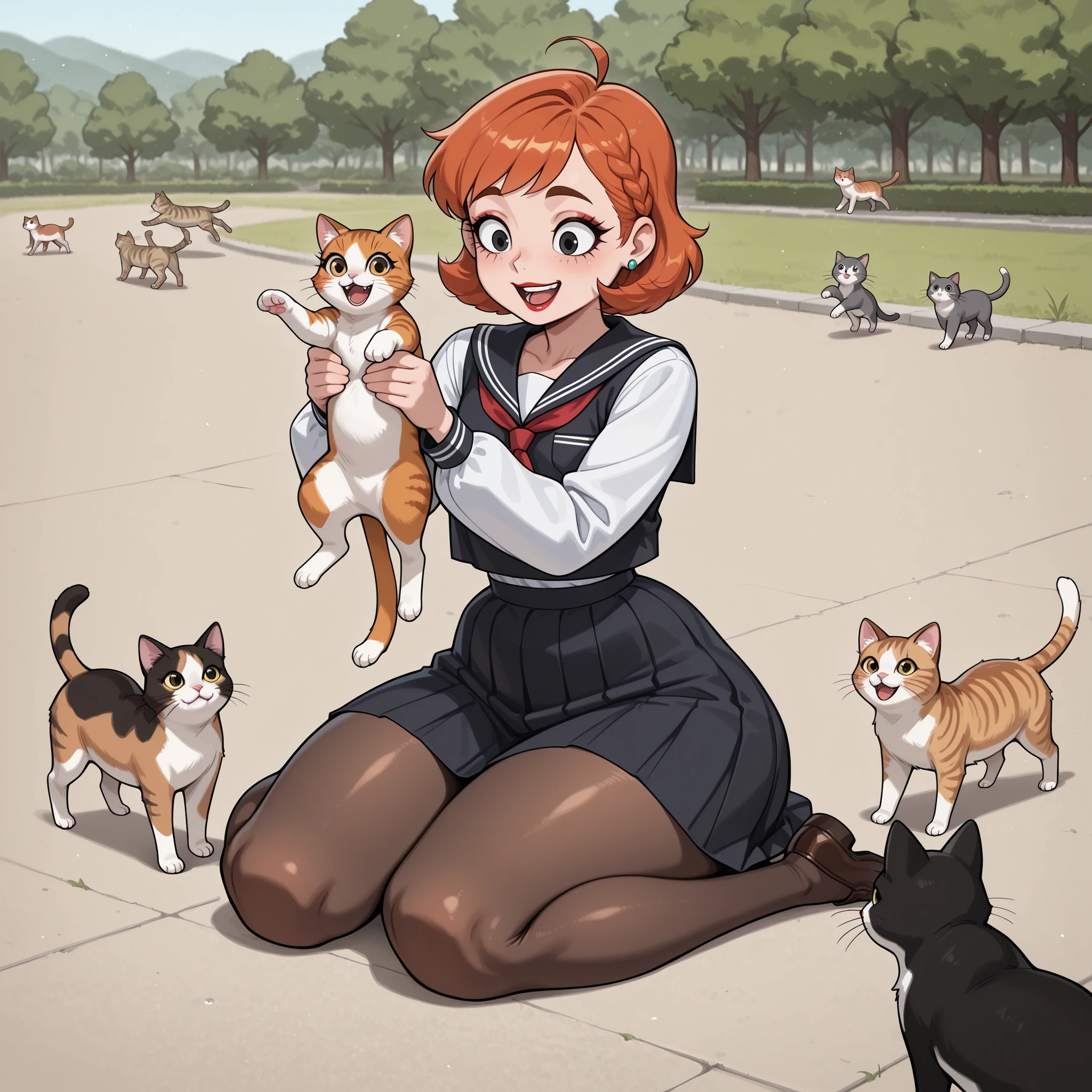 dextersmom, mature female, short hair, slightly curly hair, ginger, black eyes, big eyes, long eyelashes, small breasts, rounded breasts, narrow waist, thick thighs, huge hips, fair skin, thin hands, earrings, makeup, red lips, lipstick.| girl_with_cats, cat, animal, holding animal,multiple cats, cats running, cats jump,girl surrounded by many cats, solo, 1girl, ahoge, smile, long sleeves, pantyhose, black serafuku, skirt, white shirt, outdoors, sailor collar, sitting on lawn square,wariza, braid, holding open mouth, smile,park, masterpiece,best quality,amazing quality,ultra detailed, very aesthetic,absurdres,skinny,general,highres, ultra-detailed, amazing quality, newest, scenery,beautiful detailed hair, beautiful detailed eyes, beautiful detailed face, dynamic lighting, super detailed skin,sharp focus, 