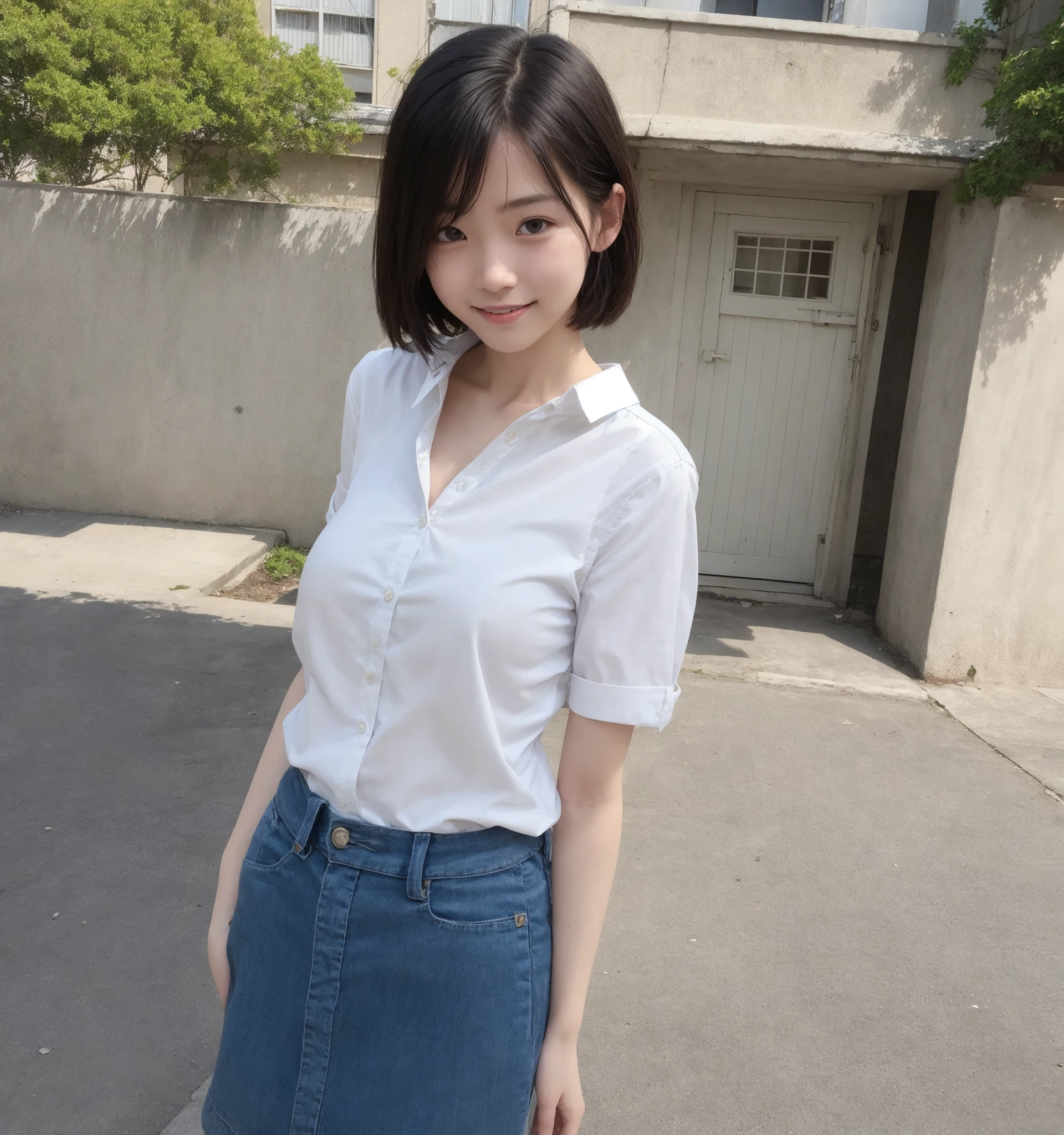 Korean doll, best image quality, masterpiece, photo realistic, super detailed, 1 girl, cute, solo, beautifully detailed sky, beautiful sea, exquisite café, night, sitting, dating, smiling, medium, beautiful delicate eyes, shirt, bow tie, pencil skirt, short hair - ni ji 5 - style expressiveness