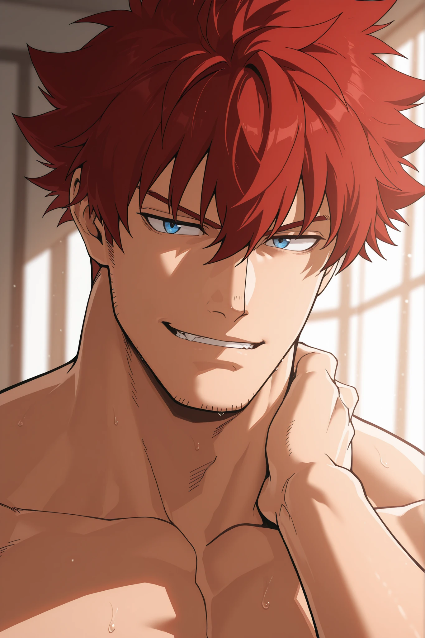 1boy, Endevor from Boku no hero, red hair, blue eyes, muscular torso, shirtless, Close-up portrait, hand in his neck, seductive smirk.
Dim bedroom, warm light + cool rim light,
Boku no hero anime style, ultra HD, cinematic tones, clean shading.