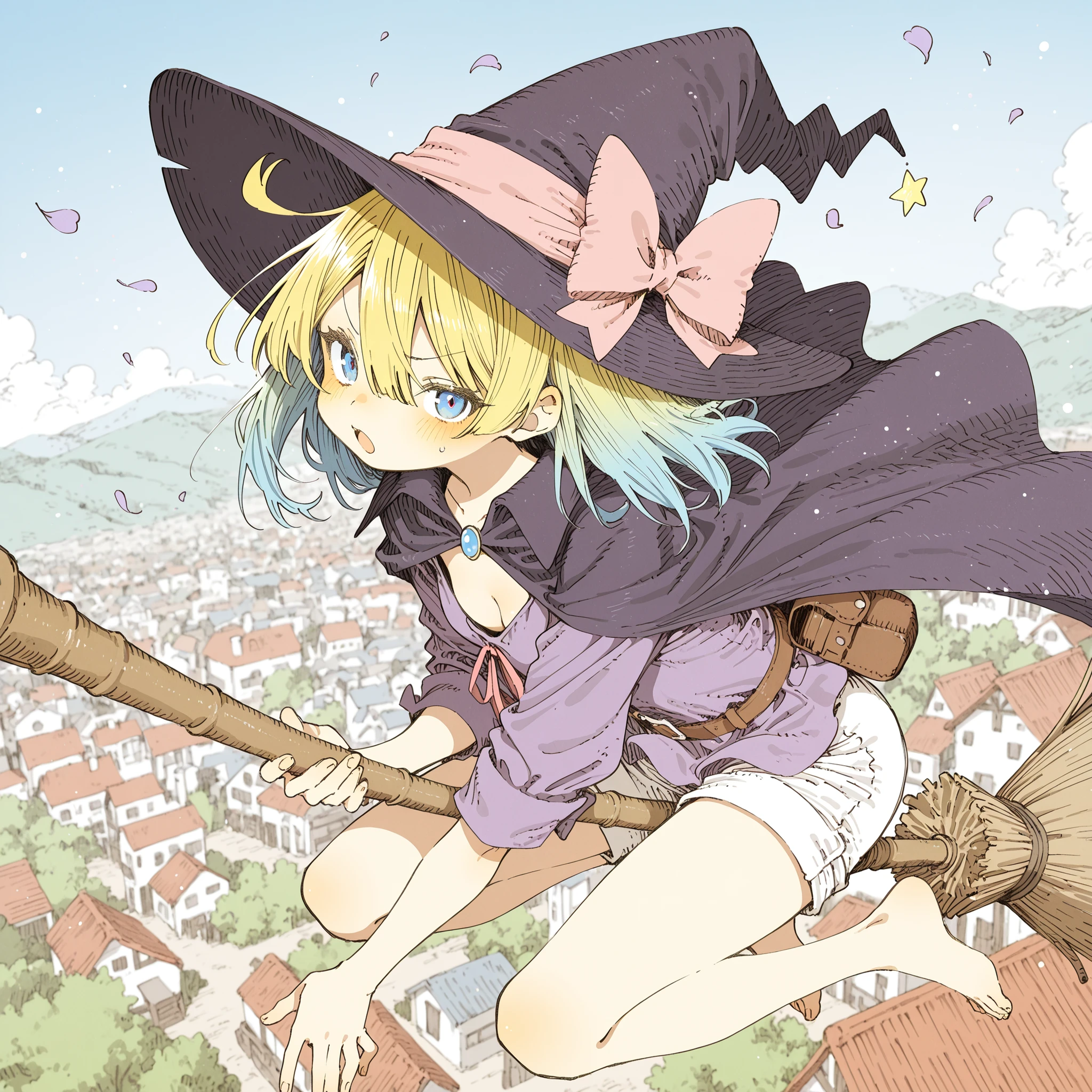 ((Abara Heiki style)), ((Masterpiece)), ((best quality, amazing quality)), ((very aesthetic, absurdres, newest)),  ((detailed background, negative space, blurry background, depth of field, Asymmetrical background)), (full body), (from above, from side), ((high contrast body outline)), ((1girl)), Cute young Girl, (Healthy Gaunt body, Textured skin, small , cleavage, tilt head), little witch apprentice, medium hair, ((beautiful blond hair, gradient hair, violet colors Hair Tip)), (hair between eyes, long bangs, long side bangs), (put on Black Witch Hat, Wide-brimmed hat), pink ribbon bow, purple loose blouse with rolled sleeves, black short cape with white frills, white shorts, barefoot, (scowl, blush, open mouth)), (cute cheeks), glossy lips, pouty lips, (lower eyelashes), BREAK, ((Straddling broomstick, riding wooden magic broom, Floating in the air while riding broomstick, dynamic flying pose)), leaning forward, large open grimoire tied to broom with pink ribbon, leather pouch, sparkling white magic particles and petals swirling around, aerial view from slightly below, (vast green countryside far below, patchwork fields, small village), clear bright blue sky, contrails, strong wind effect, hair and clothes fluttering wildly, vibrant pastel colors, breathtaking perspective, sense of speed and freedom, (glowing atmosphere), summer day, ((extremely high-angle aerial view from directly below, looking straight up, girl appears small against vast endless blue sky)), 