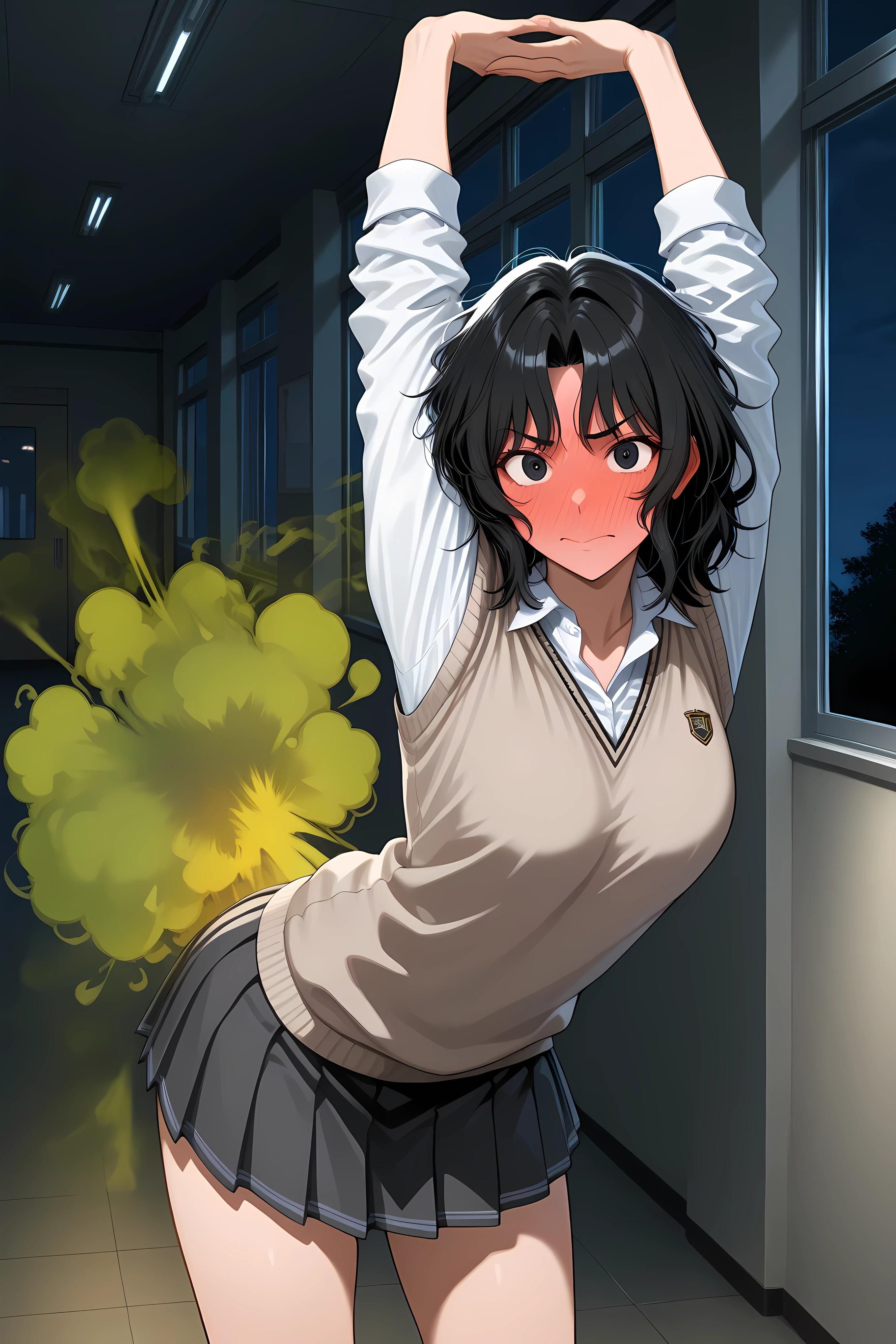 full-face blush,kaoru tanamachi, black eyes, black hair, messy hair,,kibito high school uniform, school uniform, sweater vest,,
general, Solo, masterpiece, highres, ultra-detailed, hyper-detailed, best quality, amazing quality, very aesthetic, best hands, best eyes, best hand
adult woman, 1woman, night, school hallway,
cammystretch, stretching, leaning forward, arms up, hands up,
(Fart:2) , ( (yellow gas:2), fart near ass only,