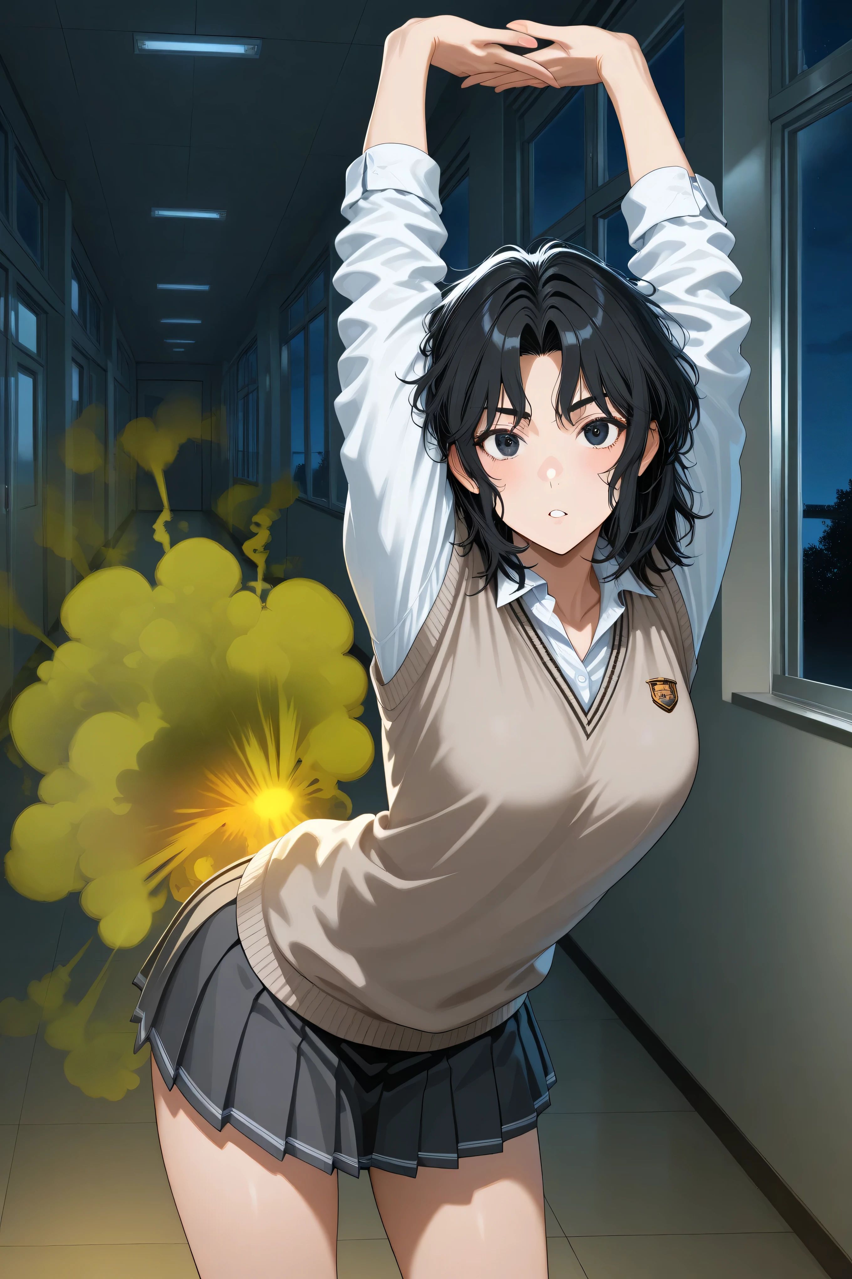 kaoru tanamachi, black eyes, black hair, messy hair,,kibito high school uniform, school uniform, sweater vest,,
general, Solo, masterpiece, highres, ultra-detailed, hyper-detailed, best quality, amazing quality, very aesthetic, best hands, best eyes, best hand
adult woman, 1woman, night, school hallway,
cammystretch, stretching, leaning forward, arms up, hands up,
(Fart:2) , ( (yellow gas:2), fart near ass only,
