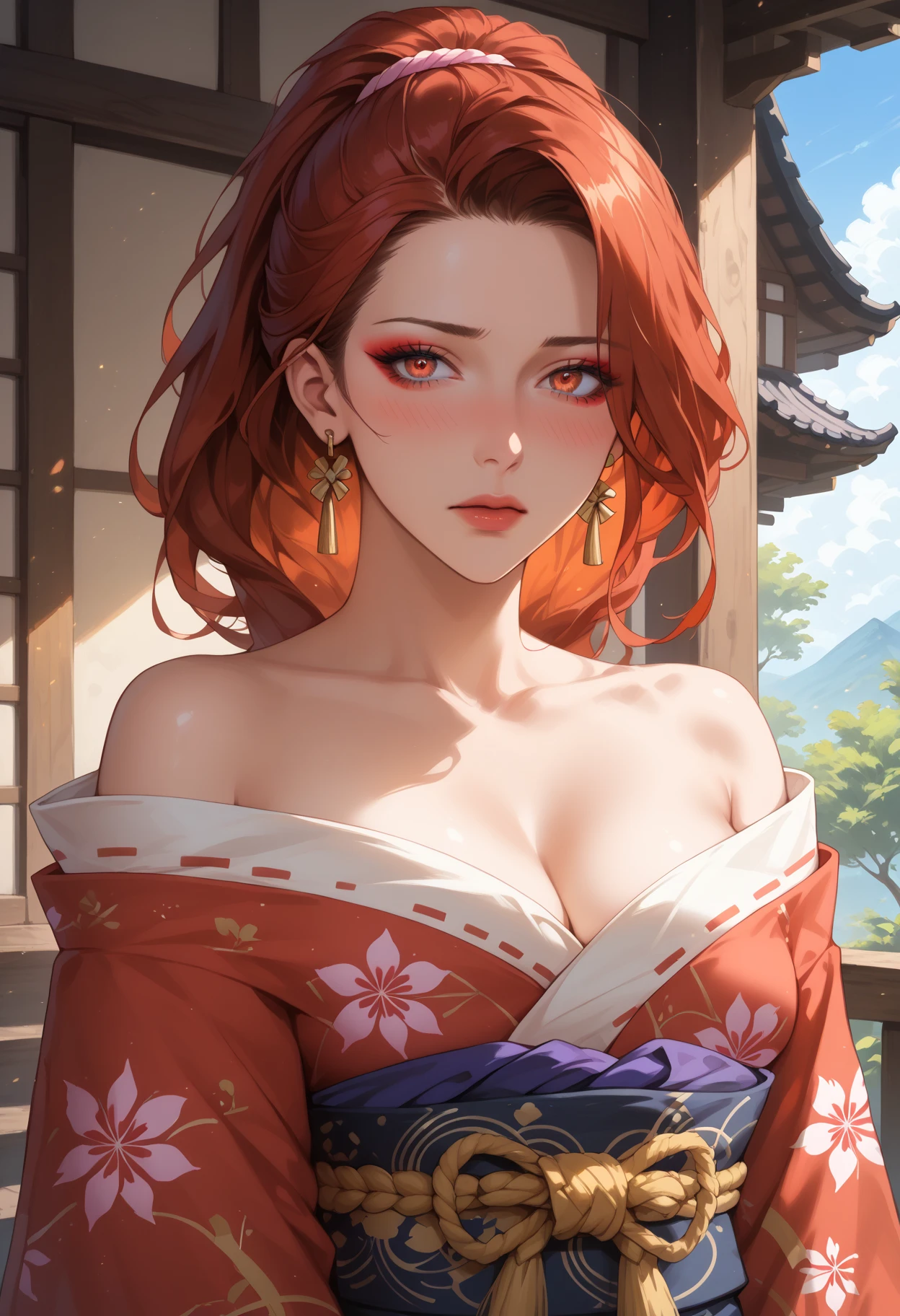 Best quality, high resolution, masterpiece , , red hair girl,  red kimono, perfect body, perfect face, mistress of dojo temple, beautiful landscape
