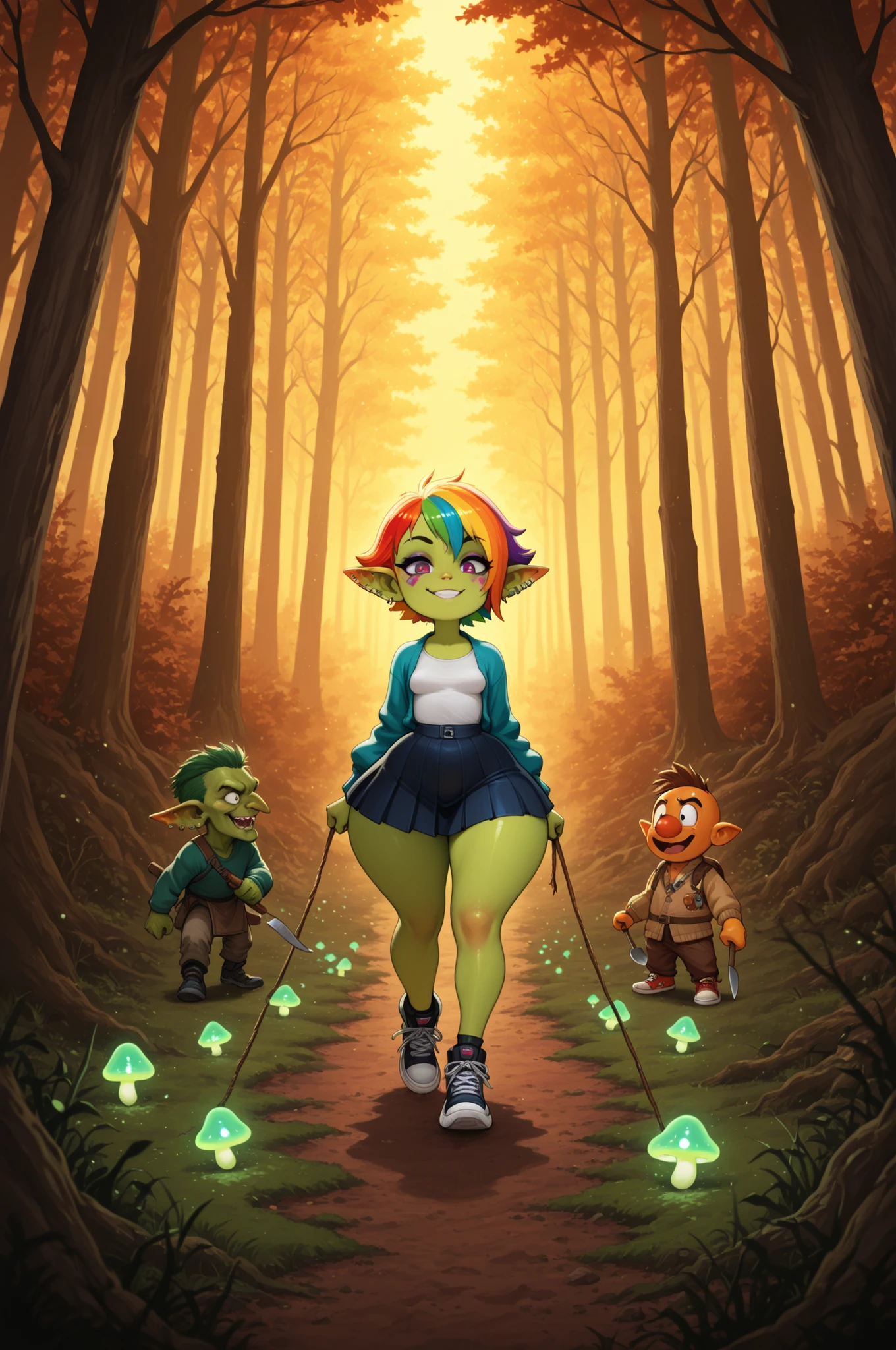 female punk, rainbow colors hair, very short hair, black eye , facial piercings, eye makeup, small breasts, meduim hips, (goblin girl:1.0) (shortstack:1.0) (green skin:1.0) (pointy ears:1.0) (wide hips:1.0)| A vibrant scene from Anpanman: Culinary Adventures — Anpanman and his friends in a whimsical dark‑fantasy forest. Anpanman soars through the misty air, trailing a scent of freshly baked bread, while his companions rush along a moss‑covered path below. One friend wears a flowing wide skirt and cozy cardigan, another sports comically oversized sneakers that dwarf their feet. In the clearing, a makeshift kitchen setup: a cauldron bubbling with a magical stew, floating ingredients, and utensils dancing mid‑air. Glowing mushrooms and twisted trees frame the scene; soft moonlight pierces the canopy. Style: colorful anime aesthetic, dynamic composition, playful mood, high detail, warm lighting contrasting with cool forest shadows.