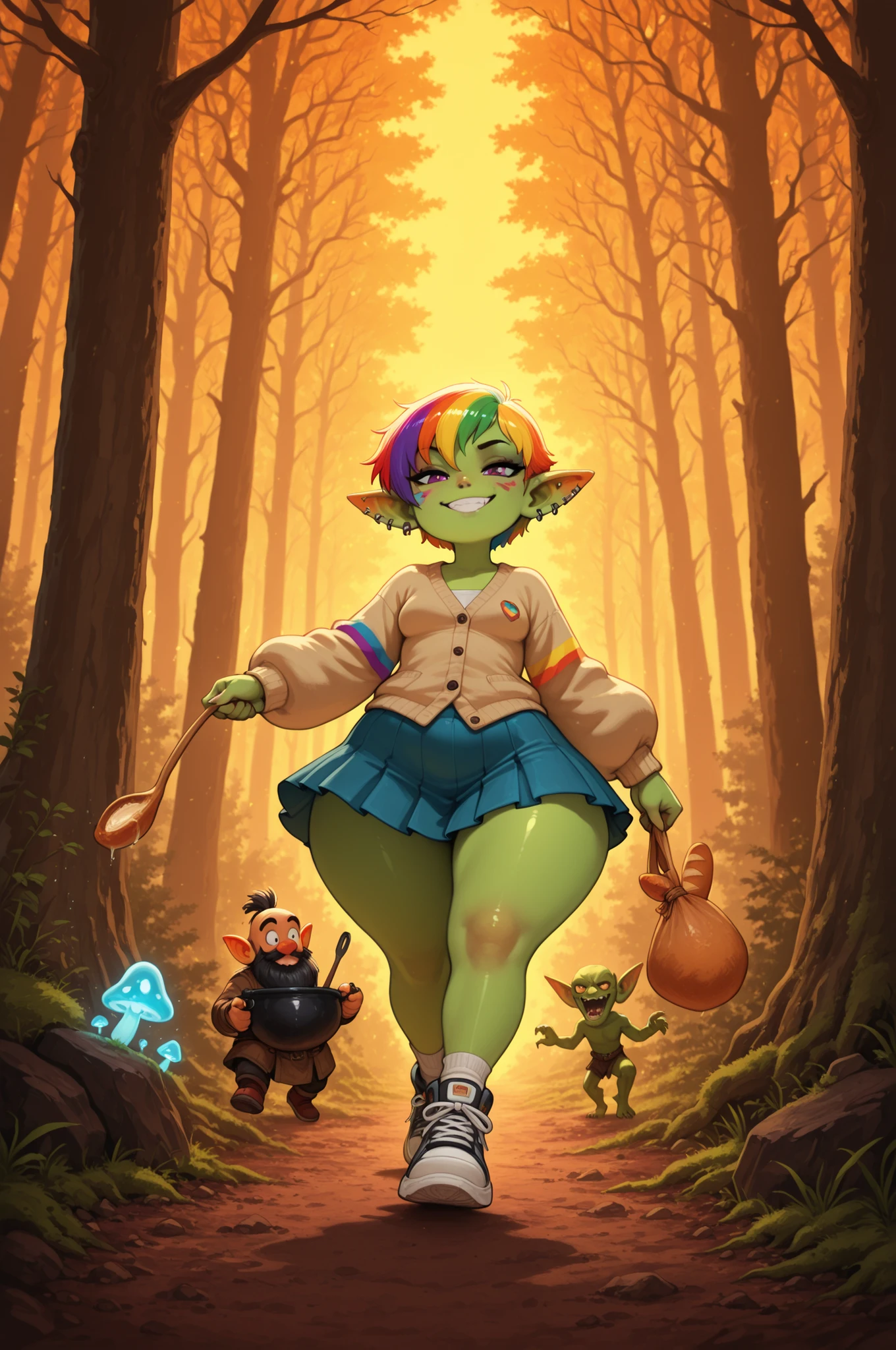 female punk, rainbow colors hair, very short hair, black eye , facial piercings, eye makeup, small breasts, meduim hips, (goblin girl:1.0) (shortstack:1.0) (green skin:1.0) (pointy ears:1.0) (wide hips:1.0)| A vibrant scene from Anpanman: Culinary Adventures — Anpanman and his friends in a whimsical dark‑fantasy forest. Anpanman soars through the misty air, trailing a scent of freshly baked bread, while his companions rush along a moss‑covered path below. One friend wears a flowing wide skirt and cozy cardigan, another sports comically oversized sneakers that dwarf their feet. In the clearing, a makeshift kitchen setup: a cauldron bubbling with a magical stew, floating ingredients, and utensils dancing mid‑air. Glowing mushrooms and twisted trees frame the scene; soft moonlight pierces the canopy. Style: colorful anime aesthetic, dynamic composition, playful mood, high detail, warm lighting contrasting with cool forest shadows.