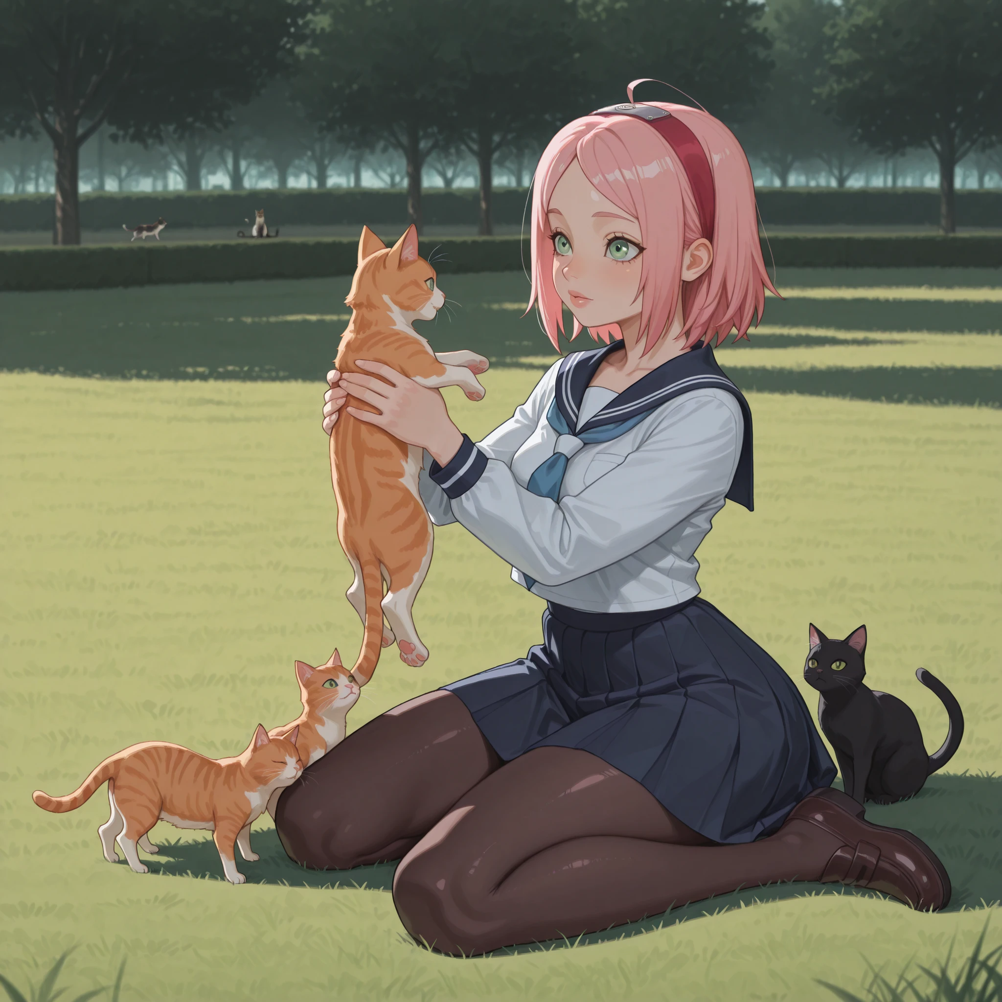 Sakura Haruno. small , huge , pink hair, medium hair, light green eyes, thin lips, very fair skin, big forehead. | girl_with_cats, cat, animal, holding animal,multiple cats, cats running, cats jump,girl surrounded by many cats, solo, 1girl, ahoge, long sleeves, pantyhose, serafuku, skirt, shirt, outdoors, sailor collar, sitting on lawn square,wariza, holding,park, masterpiece,best quality,amazing quality,ultra detailed, very aesthetic,absurdres,general,highres, ultra-detailed, amazing quality, newest, scenery,beautiful detailed hair, beautiful detailed eyes, beautiful detailed face, dynamic lighting, super detailed skin,sharp focus,