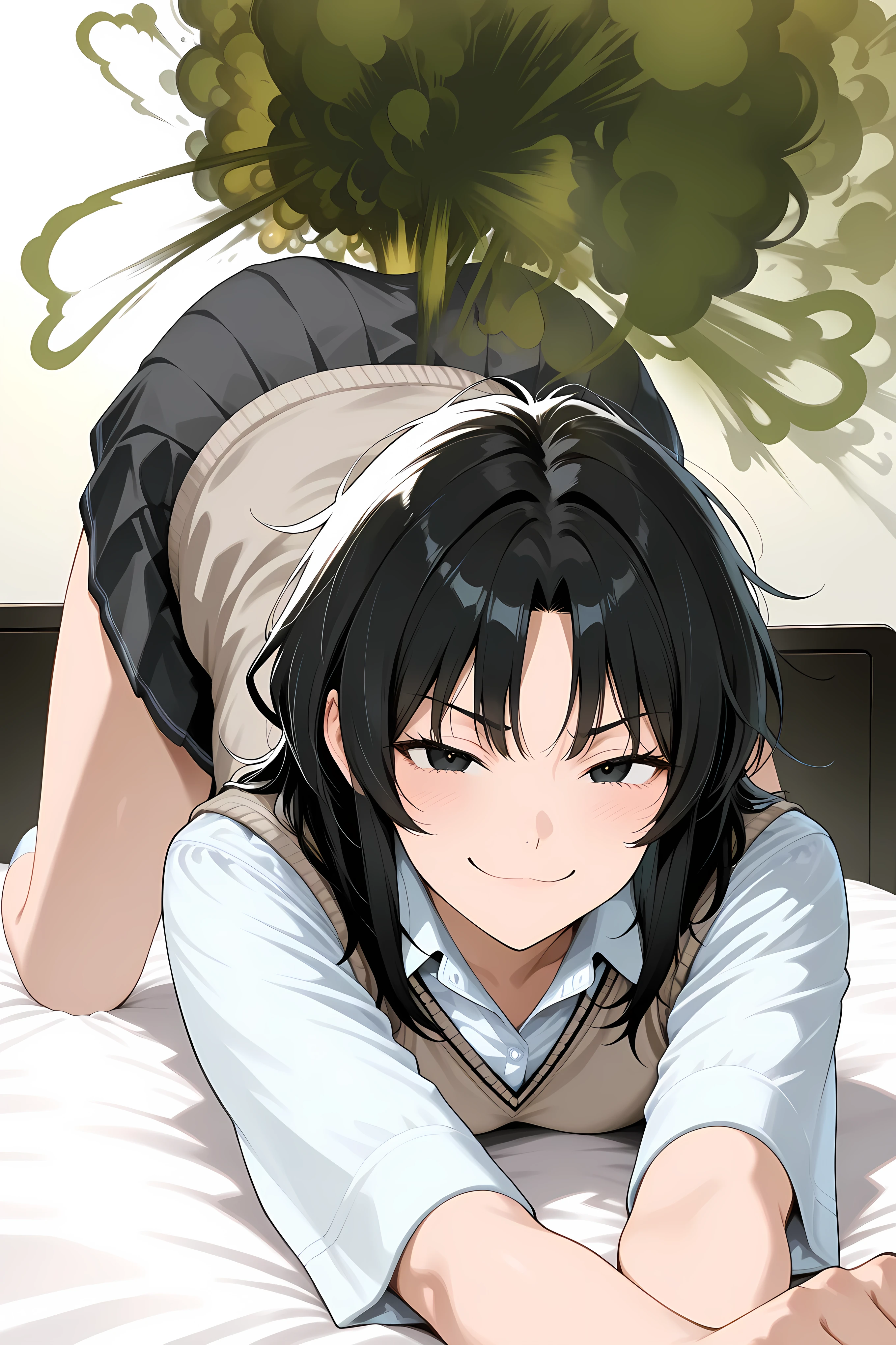 smug,kaoru tanamachi, black eyes, black hair, messy hair,,kibito high school uniform, school uniform, sweater vest,, medium hair,
,cat stretch, arched back, stretch, pose, stretching,,
relaxed face,
general, Solo, masterpiece, highres, ultra-detailed, hyper-detailed, best quality, amazing quality, very aesthetic, best hands, best eyes, best hand
adult woman, 1woman, laying on huge hotel bed, (:2) , ( (yellow gas:2), near only,